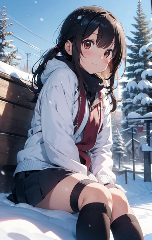 masutepiece, Best Quality, hight resolution,Anime girl sitting on a snowboard in the snow with trees in the background, In the snow, in snow, (Snow), at winter, yuruyuri, akiko takase, winter snow, Illustration!, snowy day, Inspired by Miwa Komatsu, lain iwakura, yuru camp, tsugumi ohba, snow snow, aya takano color style