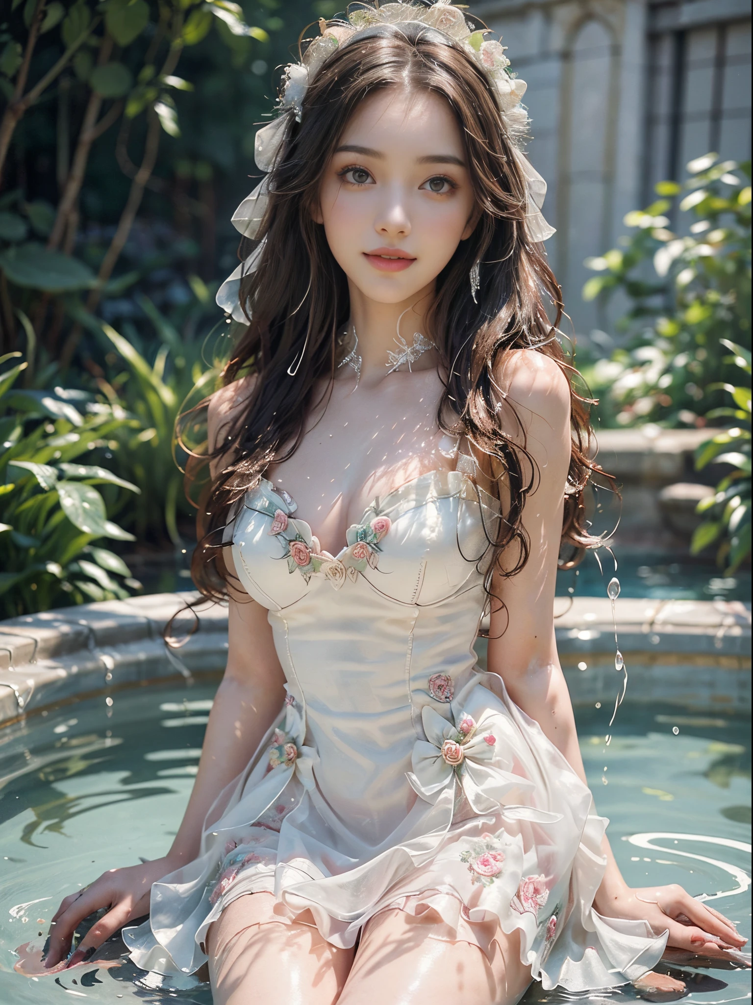 Romantic Rosette dress2, (best quality, masterpiece:1.2), ultra-detailed, (realistic:1.37), beautiful, youthful, glamorous model with (detailed eyes, detailed lips, extremely detailed eyes), in a knee shot, with white and floral colors, showcasing a radiant smile, slender figure, long legs, creating a breathtaking depiction of a girl enjoying the water, Splashing in the pool
