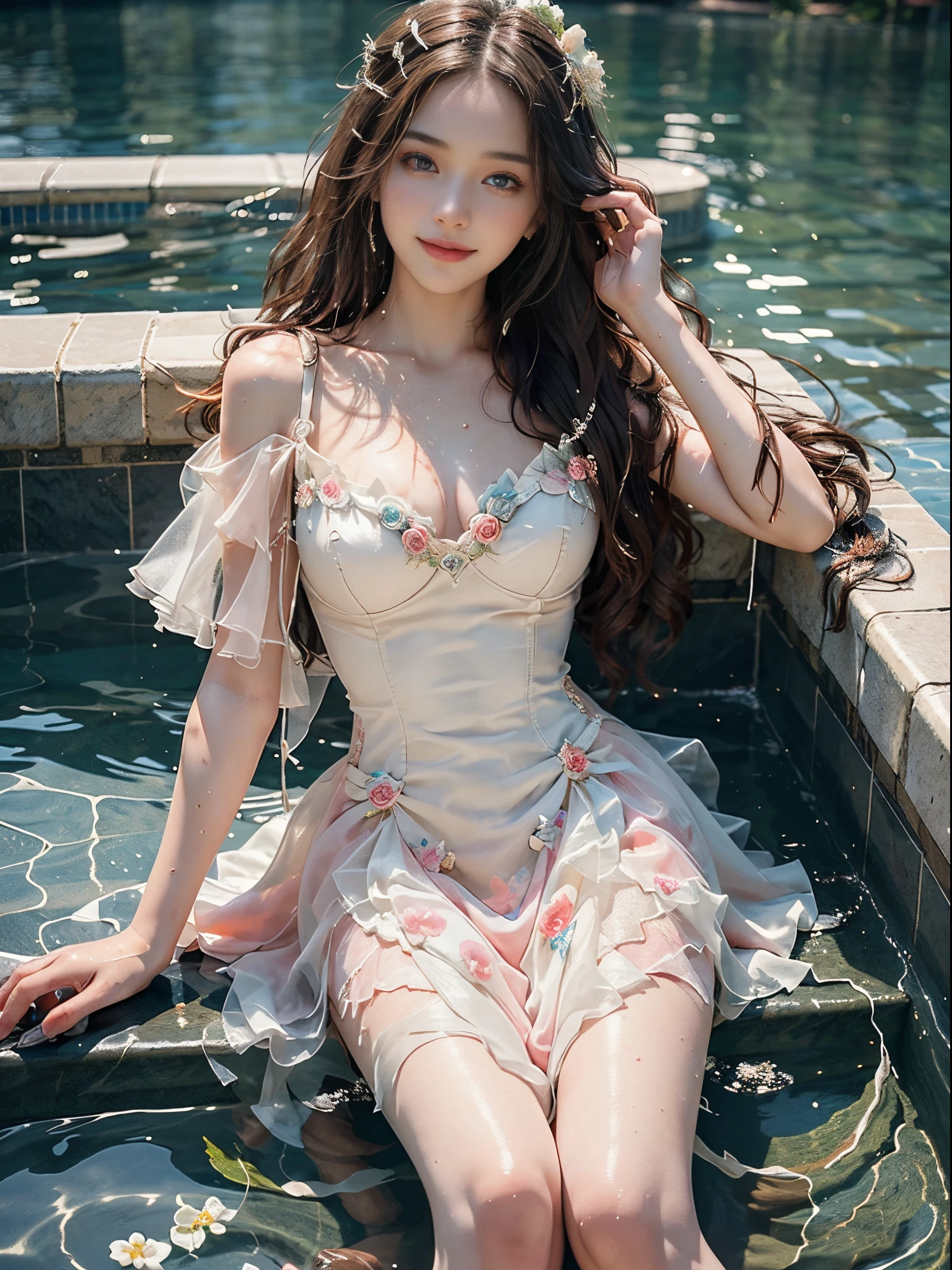 Romantic Rosette dress2, (best quality, masterpiece:1.2), ultra-detailed, (realistic:1.37), beautiful, youthful, glamorous model with (detailed eyes, detailed lips, extremely detailed eyes), in a knee shot, with white and floral colors, showcasing a radiant smile, slender figure, long legs, creating a breathtaking depiction of a girl enjoying the water, Splashing in the pool
