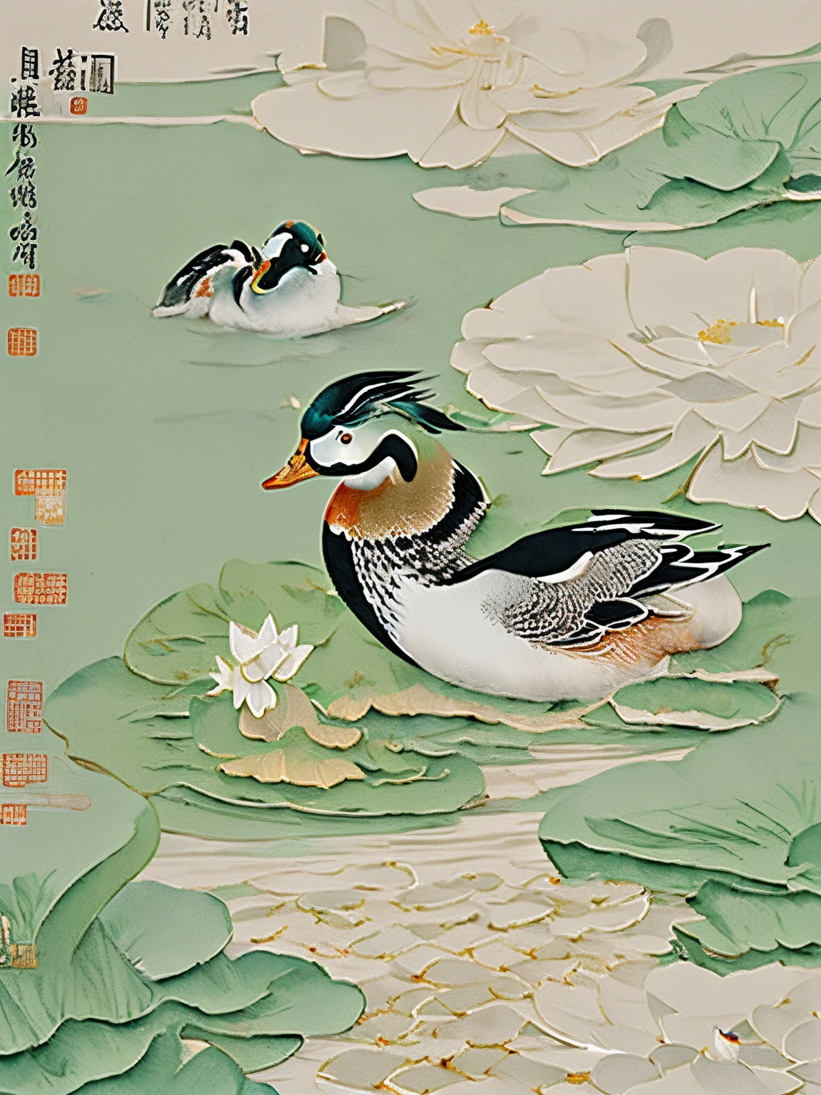 A pair of mandarin ducks playing in the lotus pond，Surrounded by elegant Morandi-colored lotus flowers，Vision，detail-rich，ink wash style，Chinese painting style