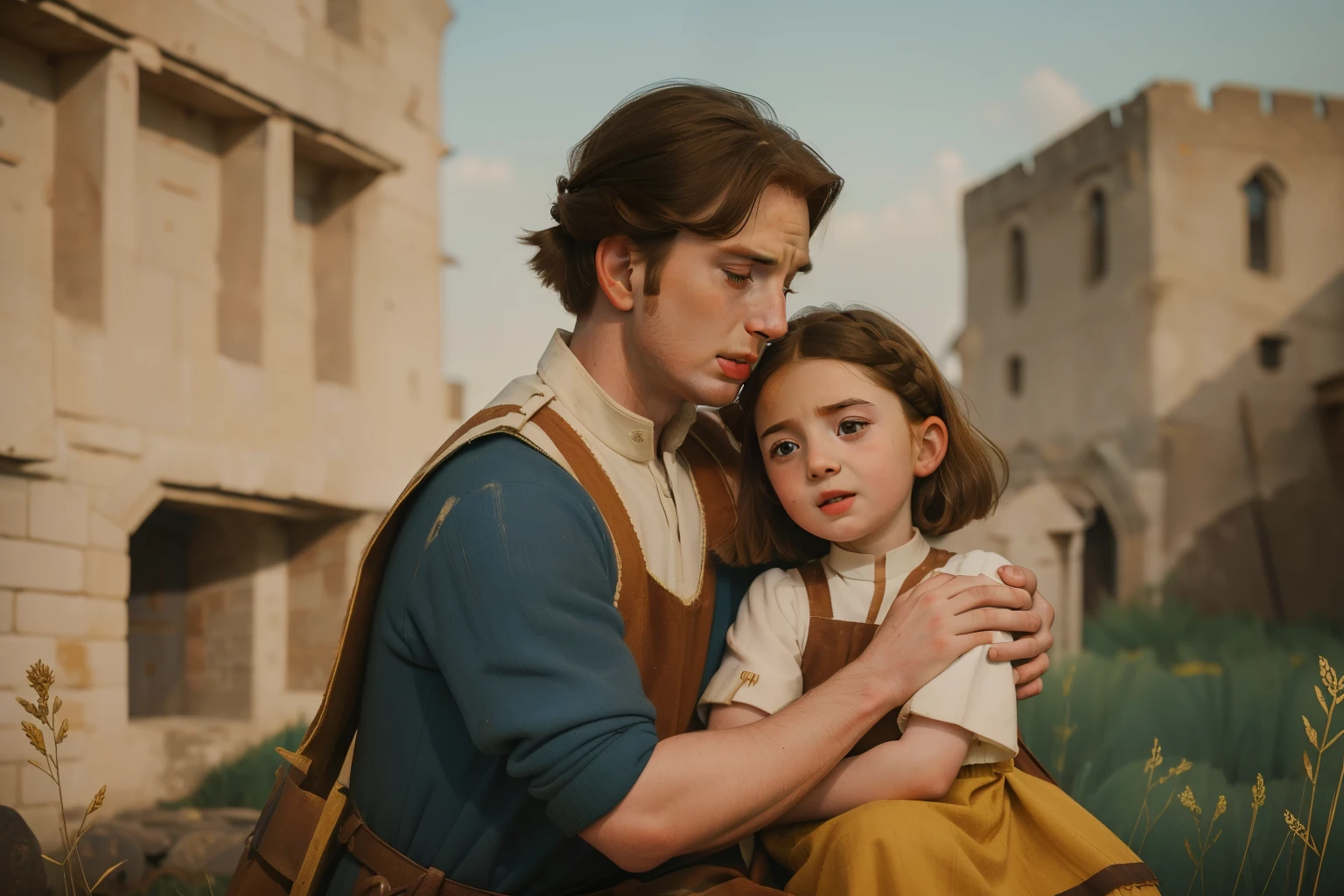 1135, England. scene with an otherworldly outdoors construction site, (((36-year-old Chris Evans))), hugging a 7-year-oirl, k of relief, ((((poor tunic from the 12th century)))), ((Hairstyle of the 12th century)), ((Wes Anderson cinematic style)), colorful