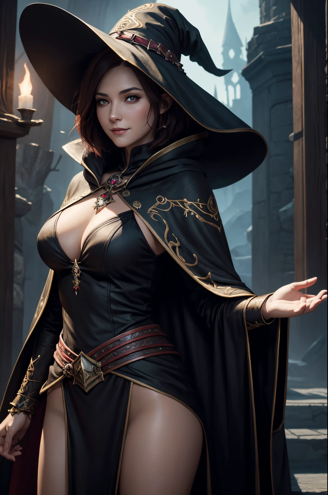8K,A witch in a hat and cloak poses for a smiling photo, Short bob hair with brown hair,red and black costume,Fantasy Art Style, Stunning character art, fantasy concept art portrait, 4K fantasy art, portrait of a female mage, epic fantasy art style, epic fantasy art portrait, Fantasyart, Alexandra Fomina Artstation, 8k fantasy art, beautiful sorceress, epic exquisite character art,超A high resolution,big red gem talisman,
