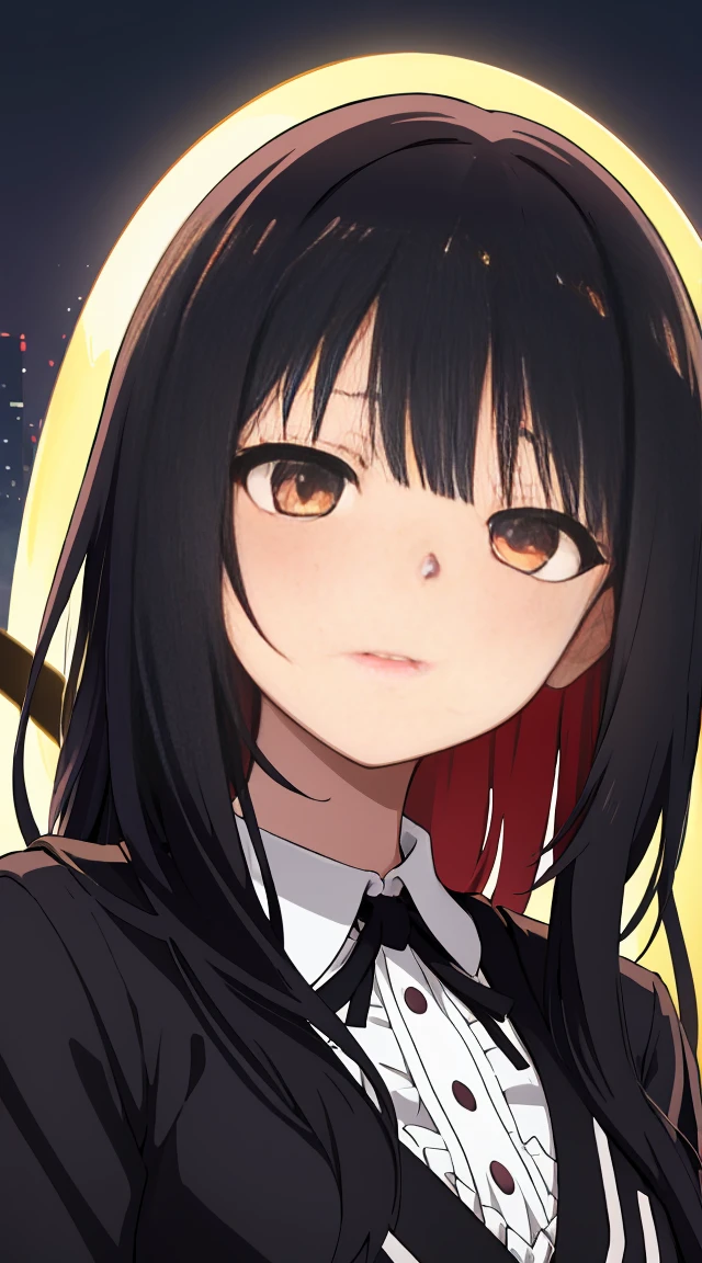 (best quality,1girl,black hair,clock eyes),tokisaki kurumi,[school uniform Japanese],background house night time,mysterious atmosphere,soft moonlight,beautifully detailed face,dark shadows,vibrant colors,meticulously painted hair,intense gaze,long eyelashes,delicate lips,faint smile,subtle wind blowing,ethereal beauty,dynamic pose,graceful movements,alluring presence,portraits,anime aesthetic,realistic rendering,unique art style,luminous glow,rich textures,expressive eyes,captivating expression,endless charm,enchanted surroundings,masterpiece:1.2