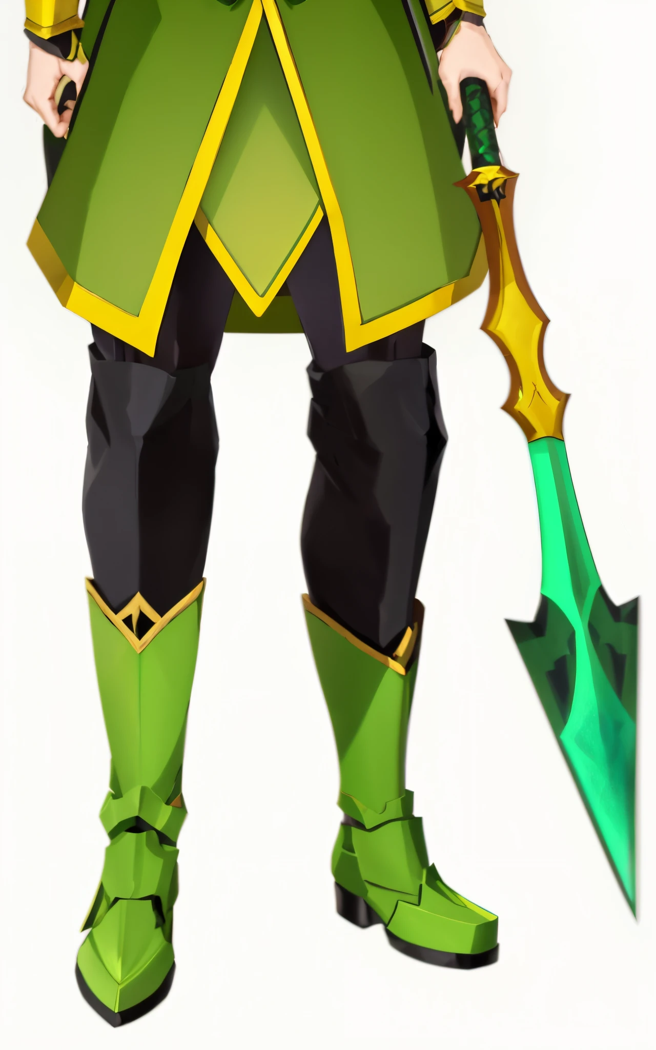 a close up of a person in a green and yellow outfit holding a sword, glowing green soul blade, genshin impact character, style of duelyst, keqing from genshin impact, zhongli from genshin impact, a blonde emerald warrior, glaive, raytraced blade, official character art, emerald herald, style of ghost blade, full body details