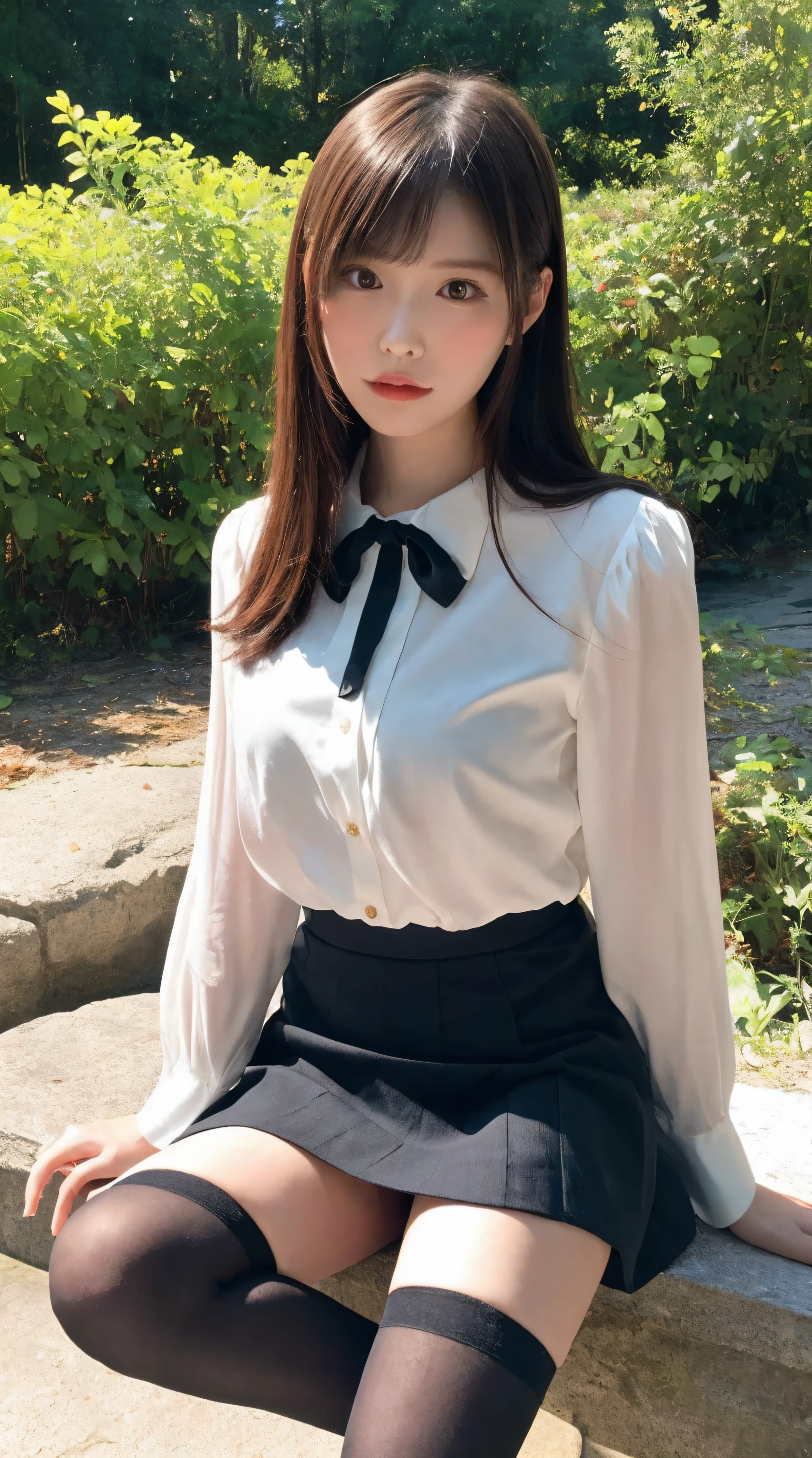 (Best Quality, masutepiece, Ultra HD: 1.3, High brightness, High color saturation), 1girl in, 24 year old,(thin and long legs,:2.0), Full body figure,straight haired, Long hair, (hide one's hands) See-through white blouse, (Black enamel mini skirt*1.5), (Black stockings), (a japanese girl, hposing Gravure Idol), Broad-leaved forest, 135 mm, Fuji Film,