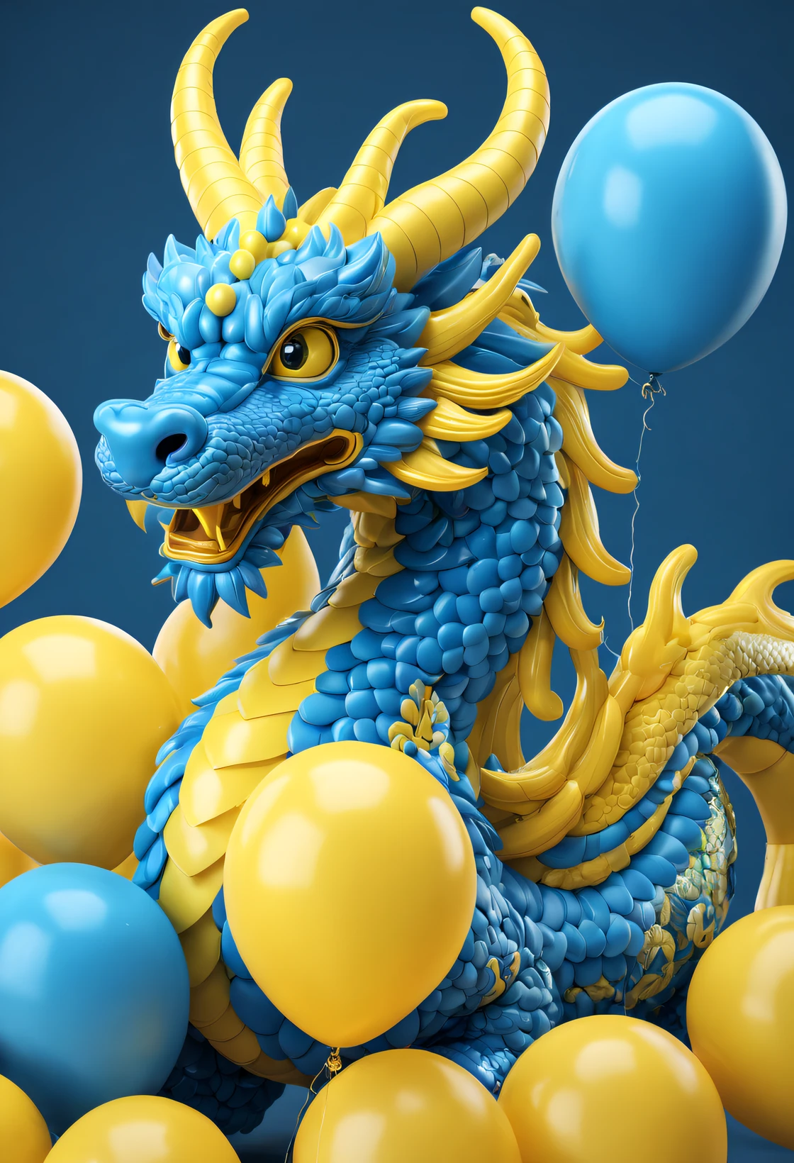 （balloon art design），（Balloon animal design），（Chinese dragon made of blue and yellow balloons），Engraved pattern，Complex and gorgeous CG style, hyper detailed 3d render,, c4d, Rendered by Octane, Blander, 8K, k hd， com mascot，Holographic yellow background