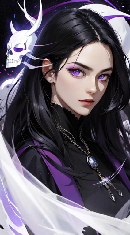 Two-dimensional boy, black hair(long black hair)(Purple pick dye)(Long and dense),Deep purple eyes(Blurred)(Hazy)(Vertical pupils)(Secret patterns),Light red blush,Long, dense black eyelashes,The demons,skull,nightmare,uncanny,misterious,alienation,Flashy makeup,Ghost mask(Half-faced)(Cai Jin),Huge pocket watch,Machinary,UHR,tmasterpiece,Highest image quality,Beautiful CG,Delicate and beautiful facial features,best qualityer,super-fine(half-body portrait)