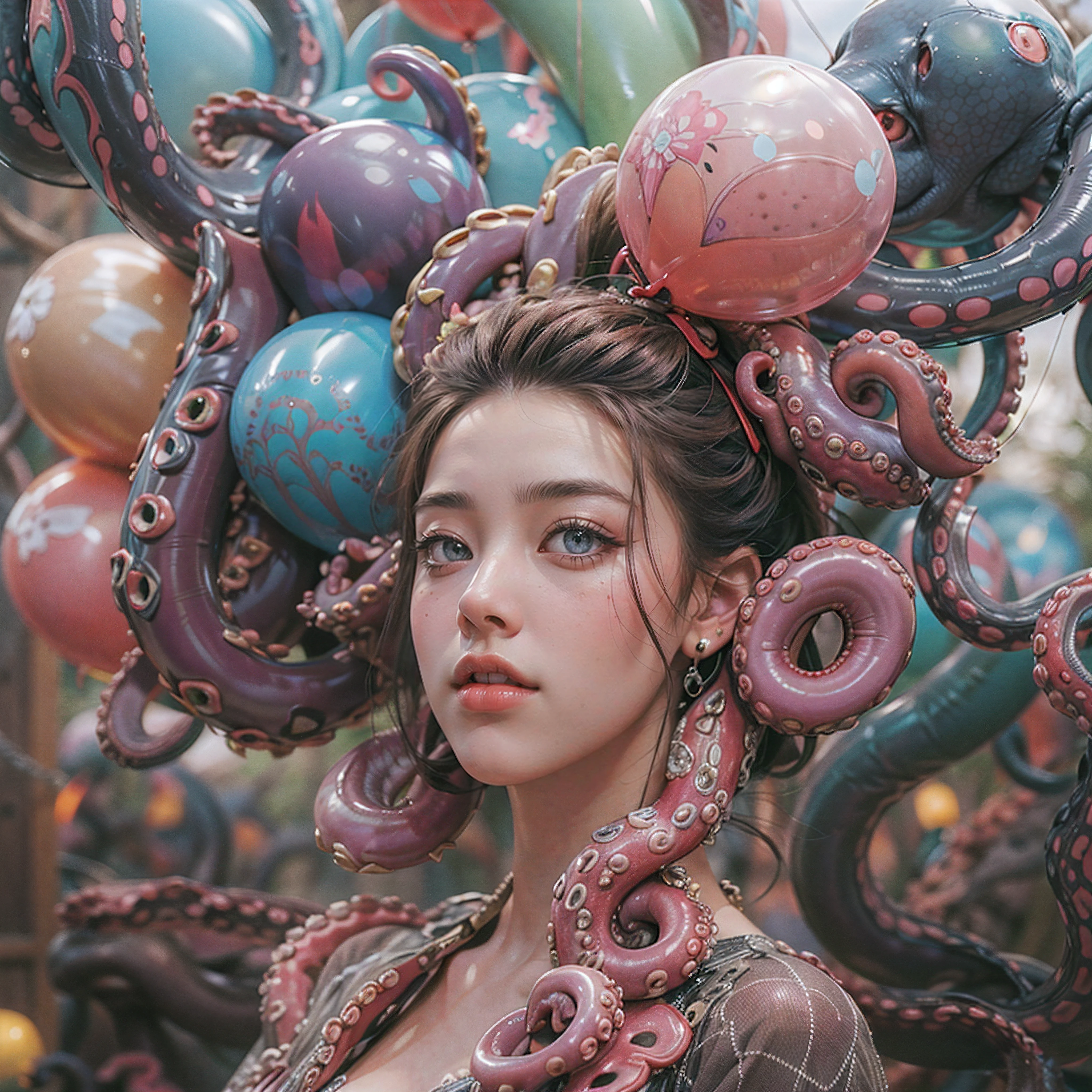 best quality, 8k, UHD, highres, masterpiece, ultra-detailed, realistic, photorealistic, photo-realistic, woman, long hair, balloon animals, octopus, balloon octopus, balloons, tentacles, fairy tale, fancy dress