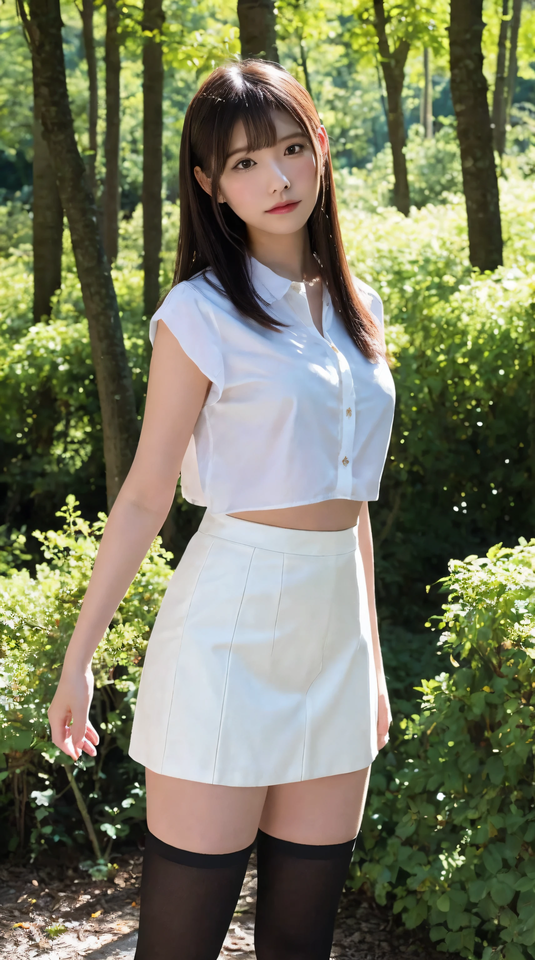 (Best Quality, masutepiece, Ultra HD: 1.3, High brightness, High color saturation), 1girl in, 24 year old,（thin and long legs,:2.0), Full body figure,straight haired, Long hair, （hide one's hands） See-through white blouse, （Black enamel mini skirt*1.5）, （Black stockings）, (a japanese girl, hposing Gravure Idol), Broad-leaved forest, 135 mm, Fuji Film,