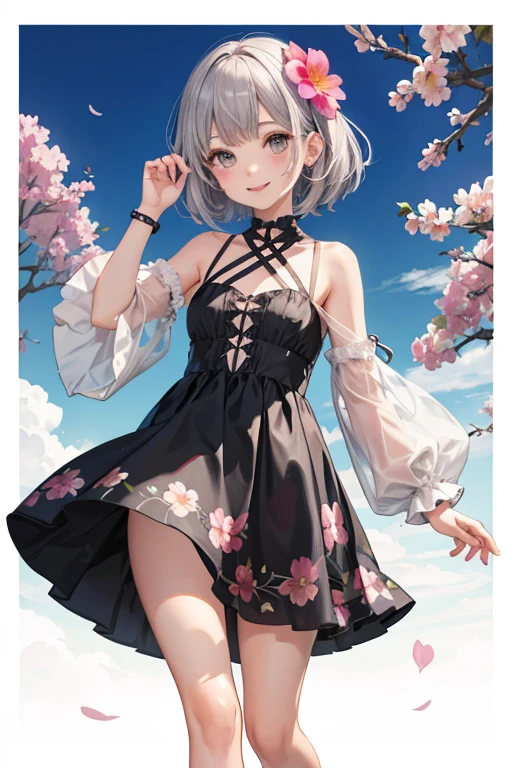 High quality, masutepiece, 8K, girl, Solo, Smile, Gray eyes, Looking at Viewer, Bob Hair, Gray hair, flat chest, knee high,Floral dress, Jewelry, Hair Flower, Hair Flower,