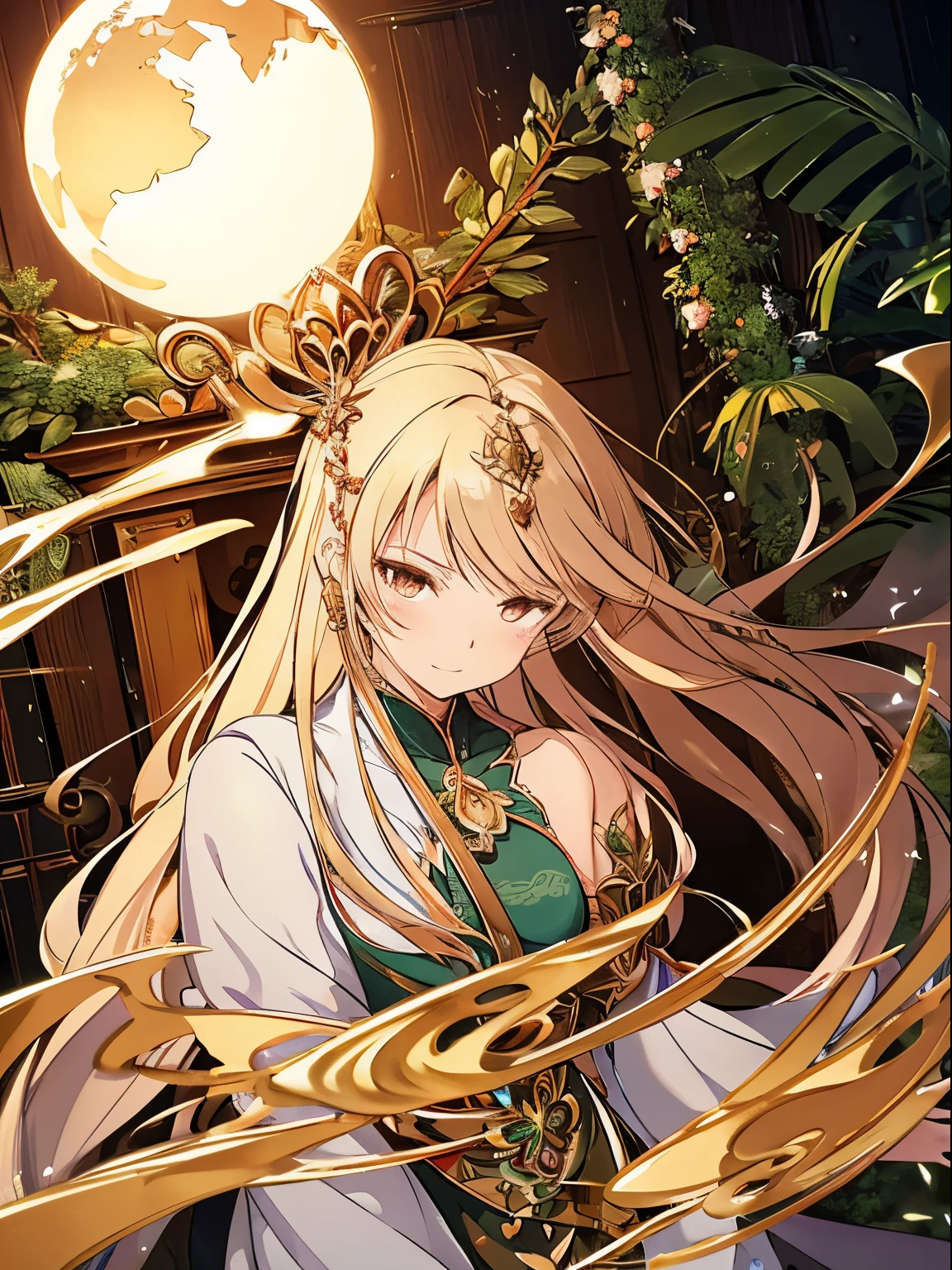 Generate a heartwarming image of a seasoned earth-type magician, embodying both strength and a nurturing spirit. Envision a woman with an aura of wisdom and experience, her eyes reflecting a deep understanding of the natural world. Picture her in elegant earth-toned robes adorned with botanical motifs, symbolizing her affinity with the earth element.