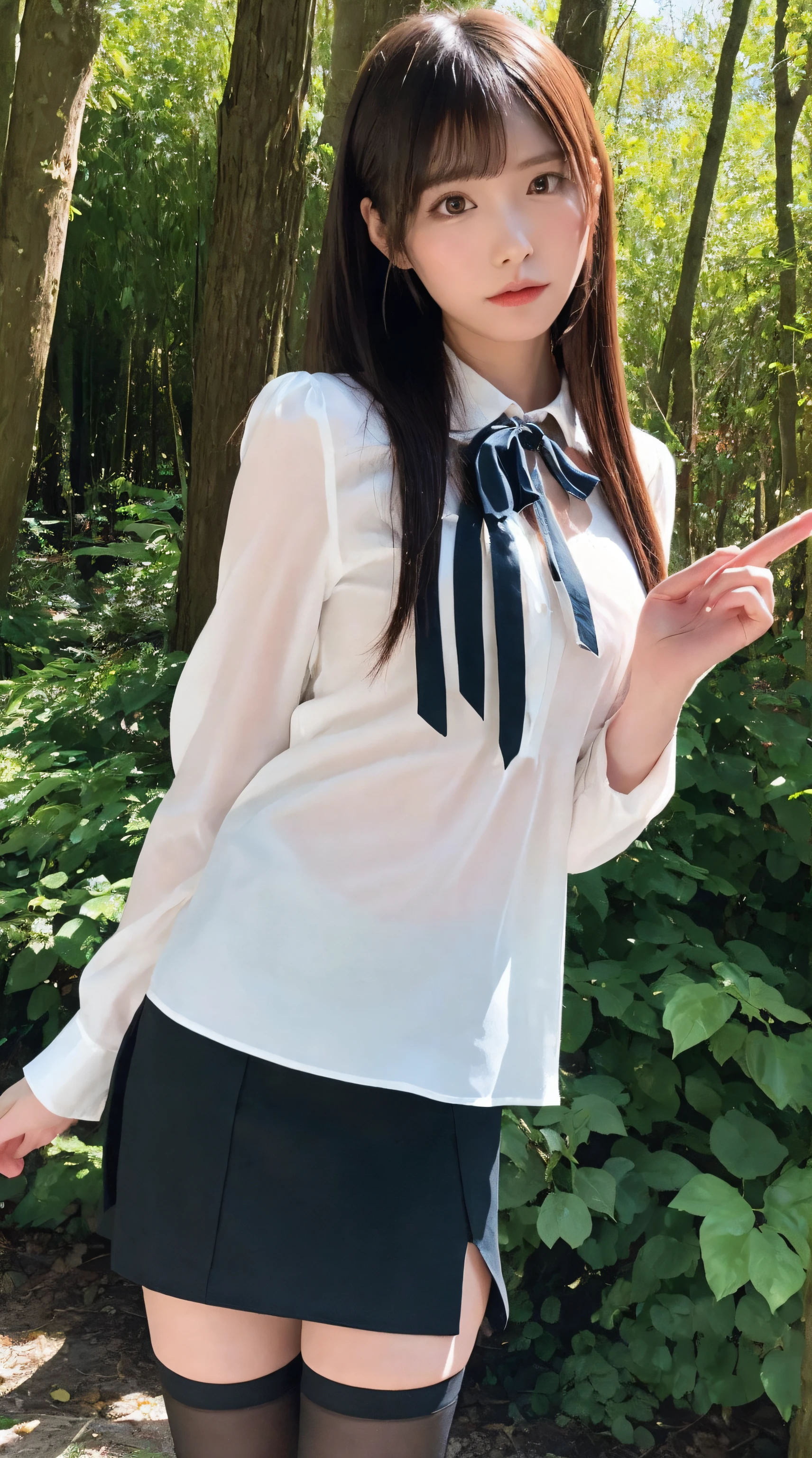 (Best Quality, masutepiece, Ultra HD: 1.3, High brightness, High color saturation), 1girl in, 24 year old,（thin and long legs,:2.0), Full body figure,straight haired, Long hair, （hide one's hands） See-through white blouse, （Black enamel mini skirt*1.5）, （Black stockings）, (a japanese girl, hposing Gravure Idol), Broad-leaved forest, 135 mm, Fuji Film,