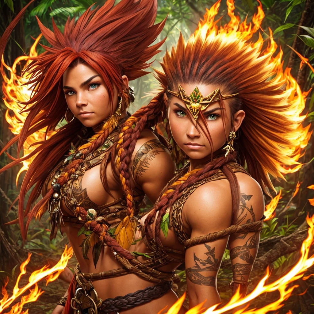 Art style by Alex Horley, beautiful short dwarf woman strong bodybuilder, tanned skin, long red dreadlock mohawk hair, dress woven from leaves and vines, with closed fist, in head-to-head combat, against tall man Indigenous Brazilian brown skin elven countenance, yellow red hair like flames of fire, wearing little clothing rustic leather decorated with teeth and feathers, aggressive attacking rustic spear, scenery of the Amazon rainforest, images in ultra HD 8k defin