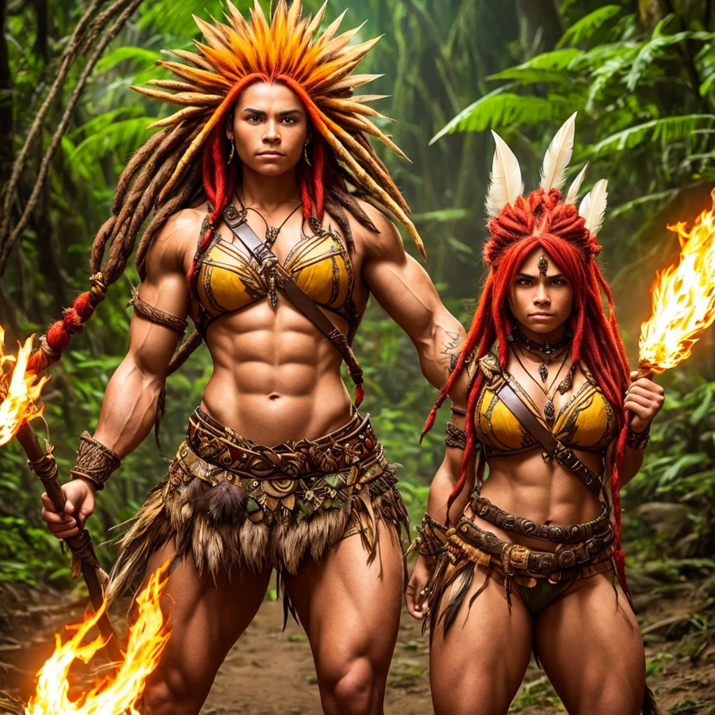 Art style by Alex Horley, beautiful short dwarf woman strong bodybuilder, tanned skin, long red dreadlock mohawk hair, dress woven from leaves and vines, with closed fist, in head-to-head combat, against tall man Indigenous Brazilian brown skin elven countenance, yellow red hair like flames of fire, wearing little clothing rustic leather decorated with teeth and feathers, aggressive attacking rustic spear, scenery of the Amazon rainforest, images in ultra HD 8k defin