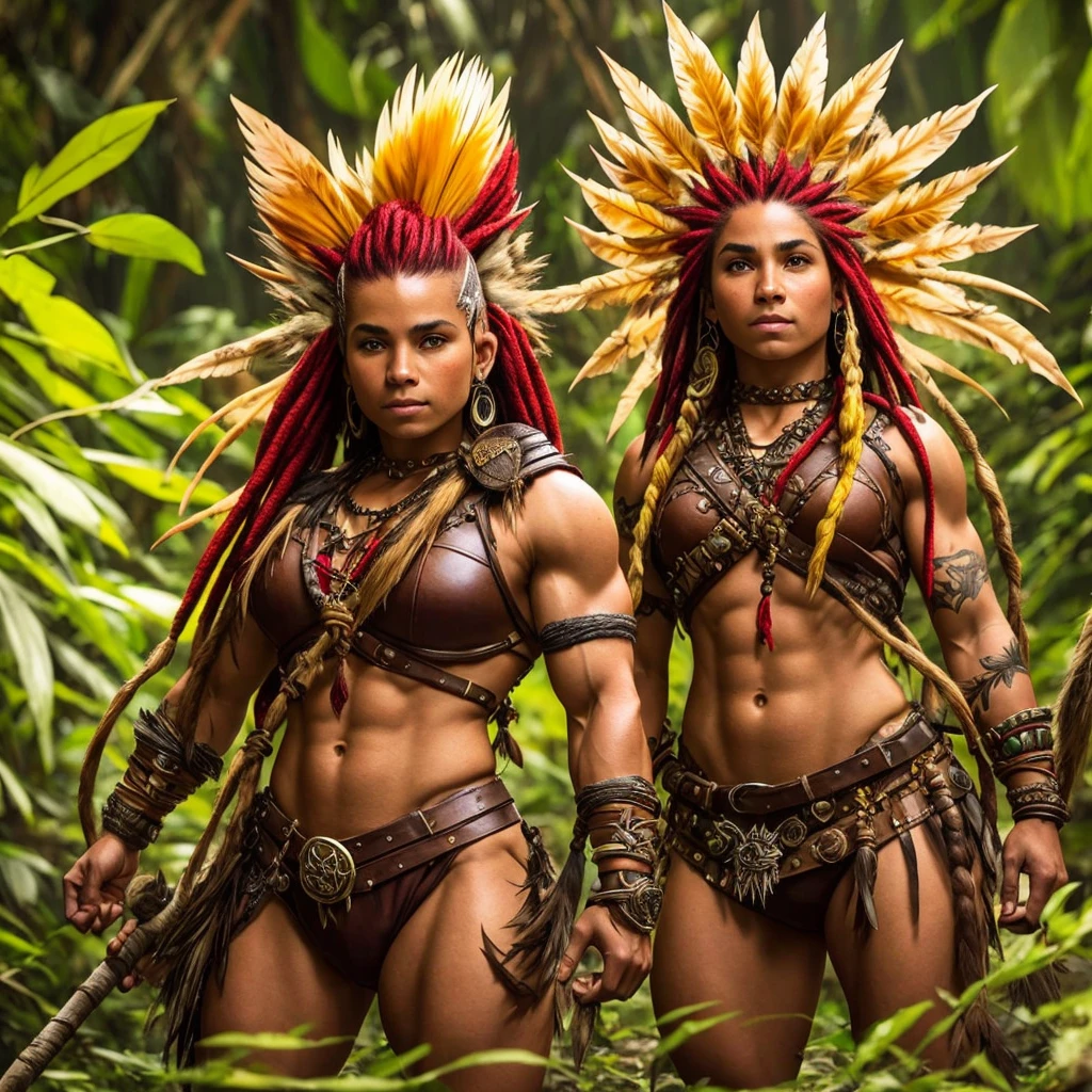 Art style by Alex Horley, beautiful short dwarf woman strong bodybuilder, tanned skin, long red dreadlock mohawk hair, dress woven from leaves and vines, with closed fist, in head-to-head combat, against tall man Indigenous Brazilian brown skin elven countenance, yellow red hair like flames of fire, wearing little clothing rustic leather decorated with teeth and feathers, aggressive attacking rustic spear, scenery of the Amazon rainforest, images in ultra HD 8k defin
