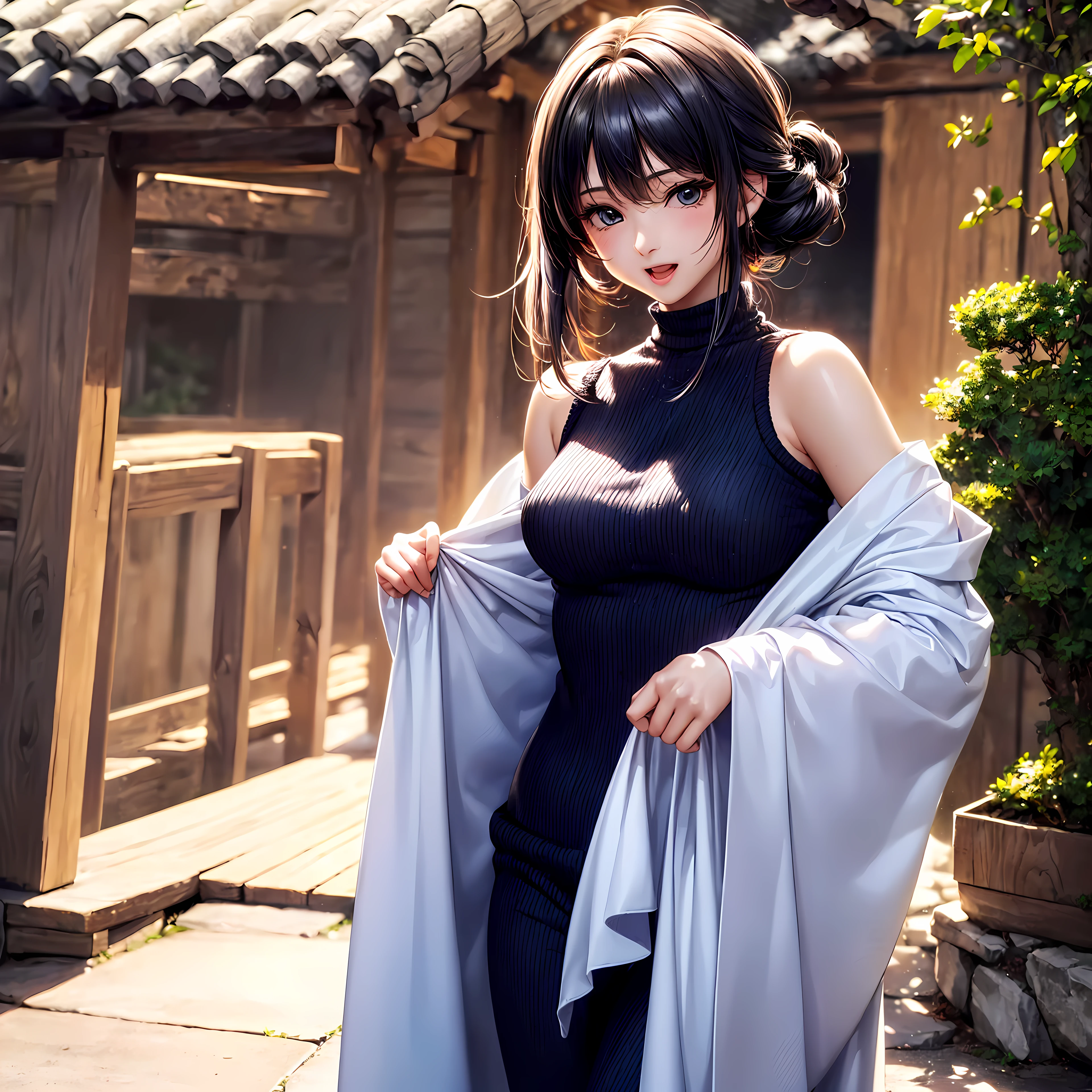 (((Best Quality、top-quality、masterpiece、very high res、An ultra-high picture quality、Perfect Pixel 1.5))), (((1 girl, Extremely beautiful woman, Single, 独奏,Colored hair,Beautuful Women))), (kawaii faces、Well-formed contours、Japan Hairstyles、Variety of hairstyles、Perfect Style、beauty legs)、(((Wear a colored sweater、wear a long stole、Stalls spread out in a radial pattern、shoulders are exposed、Excellent fashion sense、1.2)))、((E Cup Breast:0.9)), ((Strong-willed eyes:1.4, rounded eyes, Beautiful eyelashes, Realistic eyes)), ((Detailed face, Blushing:1.2)), ((realistic skin textures:0.75, Realistic texture:0.65, Photorealsitic:1.1, Anime CG style, vivd colour、Default Skin)),((Dynamic Pose, Portrait、Dynamic Angle, Perfect body,Full body)), Smile, Open mouth、Japan garden illuminated by the setting sun、Wooden Bridge、The wind is blowing、beautiful anime woman, Beautiful Art Style, an animated character、The whole picture、Detailed picture、accurate anatomy、Defect-free images、natural soft light、beautiful image、extremely detailed picture、(Best Shot 1.2)