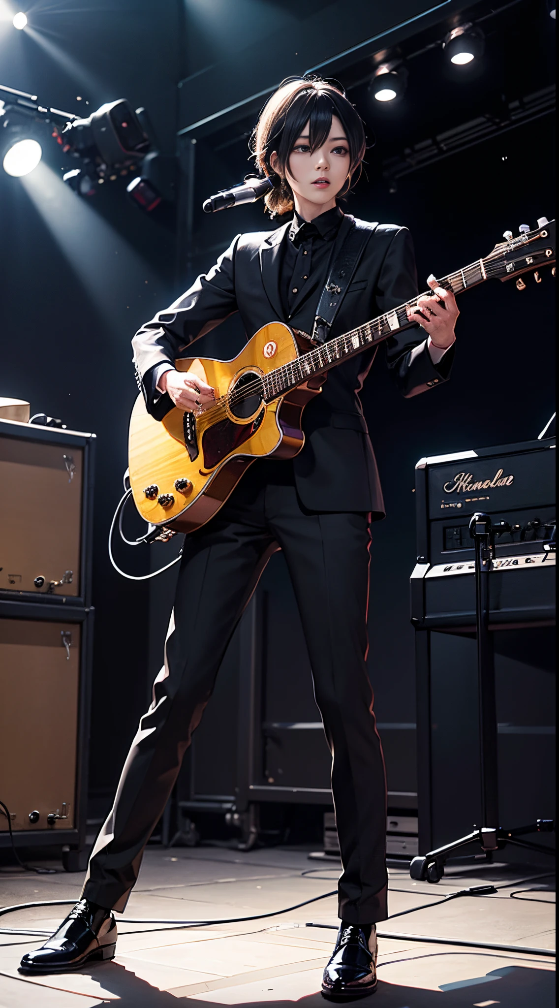 dim live house、slim black suit、Playing guitar、Black leather shoes、Fans enthusiastic about streaming、spot light、strong lighting、gibson electric guitar、Michelle Gunn Elephant with dark shadows、Yusuke Chiba、top-quality