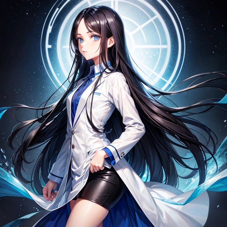 Long straight black hair, blue eyes, lab coat, beautiful woman