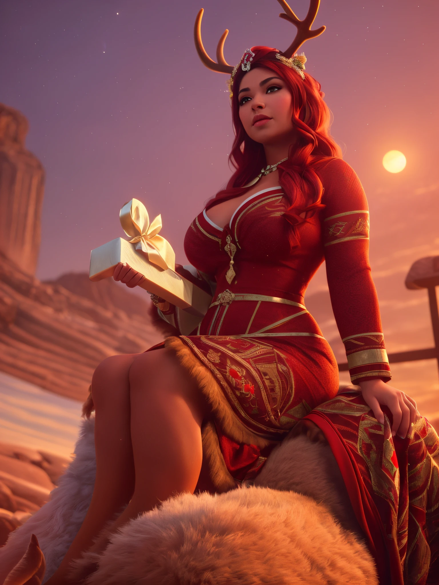 wide angle photo of a curvy Brazilian woman sitting on a reindeer, holding a gift, looking at the sunrise, dressed in a long red dress, hyperrealistic image, 32k, ultra HD, unreal engine rendered, cinematic lighting, artgerm style --auto --s2