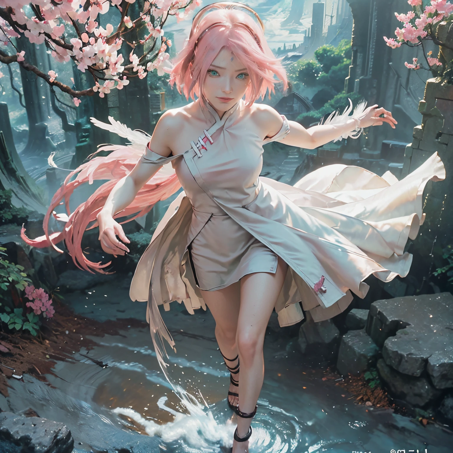 (Numerous award-winning masterpieces, with incredible detail, textures and maximum detail), (hyper realistic:1.4), (realistic:1.3), (upper body up:0.3), (best quality real texture skin), (finely detailed true circle gren eyes), (finely Detailed and beautiful face looks like sakura haruno from naruto:1.6), ((medieval world)), (god of birth:1.4), (Divine Halo: 1.6), (Full-length portrait:1.5), (The warm look of the loving mother), (She has joy in her green eyes and a happy smile on her face: 1.3), (Beautiful green eyes that sparkle and shine), (full-body standing image:1.5), (Dramatic Light), (A majestic sight), Her expression is full of tenderness and beautiful, (Sacred radiance magic circle: 1.2), (large wings with beautiful white feathers behind shoulders: 1.3), (Wears a white hooded robe with elaborate patterns: 1.2), Folded wings, Earrings with a sacred atmosphere of refined craftsmanship, Followed by little angels behind, her face looks like sakura haruno from naruto with short pink hair (((dramatic photo))), (Sunrise), (Sunset), (Sunny), ((dramatic pose)), (flamboyant photo), (golden hair), (silver hair), (chestnut hair), ((looks up)), ((looking down)), (gives full-body standing image:1.5), (Around her neck is a simple necklace of exquisite workmanship), Old ruins infested with plants, great temple, great cathedral, great shrine, temple ruins, detached temple, Ruins of an ancient castle, Deserted ruins, crumbling ruins, Ancient ruins with clear water, wavelets, running water Shining majestic cloud masses and sky, epic realistic, faded, art, (Greg rutkowski:0.8), (teal and orange:0.4), (art station:1.5), cinematic, ((neutral colors)), (hdr:1.5), (muted colors:1.2), hyper detailed, dramatic light, (intricate details:1.1), complex background,