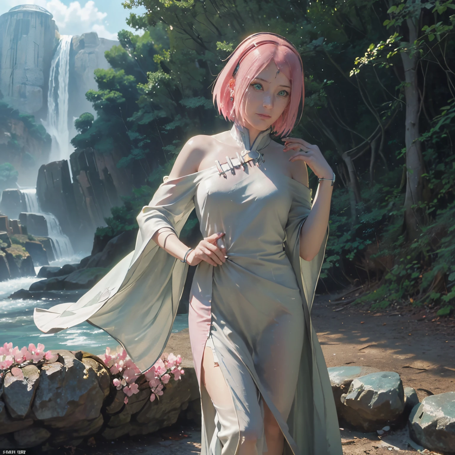 (Numerous award-winning masterpieces, with incredible detail, textures and maximum detail), (hyper realistic:1.4), (realistic:1.3), (upper body up:0.3), (best quality real texture skin), (finely detailed true circle gren eyes), (finely Detailed and beautiful face looks like sakura haruno from naruto:1.6), ((medieval world)), (god of birth:1.4), (Divine Halo: 1.6), (Full-length portrait:1.5), (The warm look of the loving mother), (She has joy in her green eyes and a happy smile on her face: 1.3), (Beautiful green eyes that sparkle and shine), (full-body standing image:1.5), (Dramatic Light), (A majestic sight), Her expression is full of tenderness and beautiful, (Sacred radiance magic circle: 1.2), (large wings with beautiful white feathers behind shoulders: 1.3), (Wears a white hooded robe with elaborate patterns: 1.2), Folded wings, Earrings with a sacred atmosphere of refined craftsmanship, Followed by little angels behind, her face looks like sakura haruno from naruto with short pink hair (((dramatic photo))), (Sunrise), (Sunset), (Sunny), ((dramatic pose)), (flamboyant photo), (golden hair), (silver hair), (chestnut hair), ((looks up)), ((looking down)), (gives full-body standing image:1.5), (Around her neck is a simple necklace of exquisite workmanship), Old ruins infested with plants, great temple, great cathedral, great shrine, temple ruins, detached temple, Ruins of an ancient castle, Deserted ruins, crumbling ruins, Ancient ruins with clear water, wavelets, running water Shining majestic cloud masses and sky, epic realistic, faded, art, (Greg rutkowski:0.8), (teal and orange:0.4), (art station:1.5), cinematic, ((neutral colors)), (hdr:1.5), (muted colors:1.2), hyper detailed, dramatic light, (intricate details:1.1), complex background,
