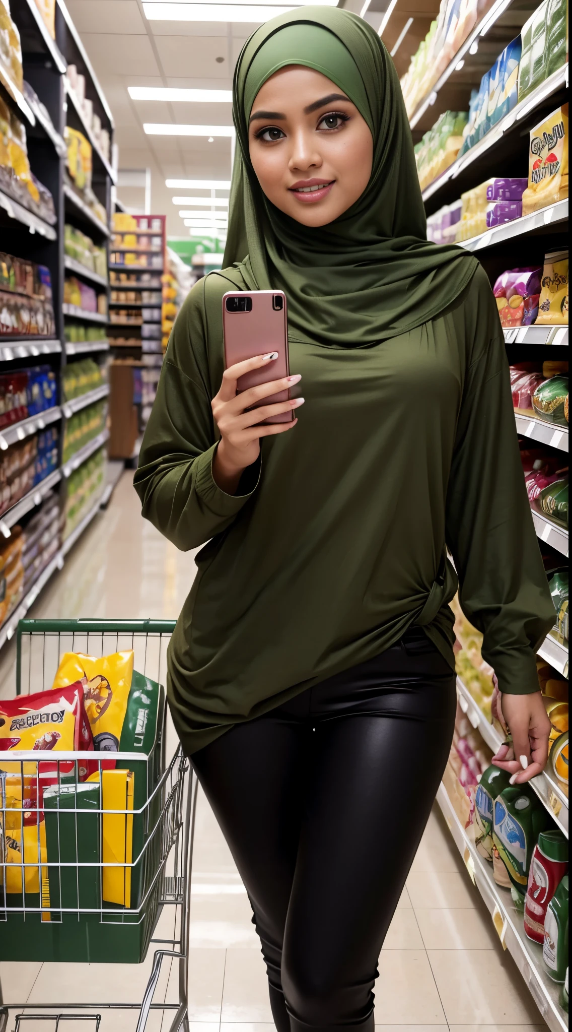 RAW, Best quality, high resolution, masterpiece: 1.3, beautiful Malay woman in hijab, big gorgeous eyes, beutifull face, perfect face, smiling, woman in a green shirt and black pants holding up a cell phone, olive green, army girl outfit, with beautiful colors, skinny waist and thick hips, green clothes, wearing tight simple clothes, her wardrobe is attractive, stood in a supermarket, shopping groceries, green tunic, hijab, women full body, with lovely look, casual pose
