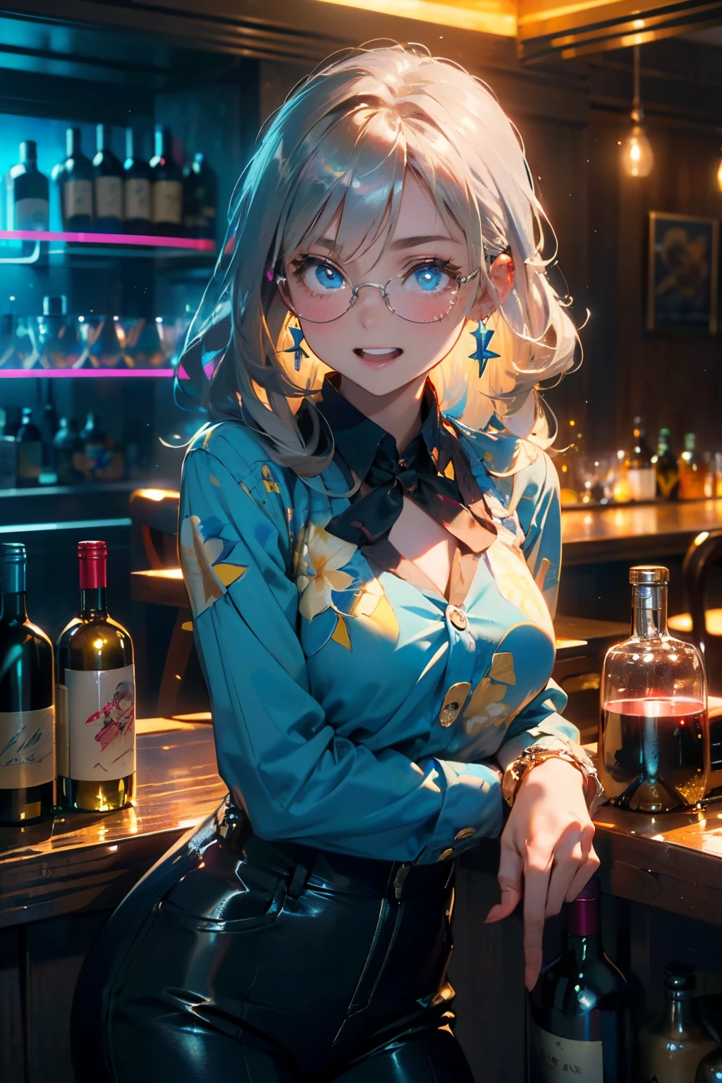 top-quality、Top image quality、masterpiece、girl with((18year old、 Beautiful Aloha Shirts、Blue long trousers、Best Bust、Bust 85、a blond、Semi-long、Blue eyes、open chest wide、Valley、Happiness、A slender、great laughter、Gold Earrings、Silver Watch、bending forward、Trouble Pose、Drunk、I'm spoiled,Take a seat at the counter))hiquality、Beautiful Art、Background with((Night Bar、Neon lighting)、The table(2 glasses、bottle of wine、Jar of vodka)masutepiece、Elaborate design、visualart