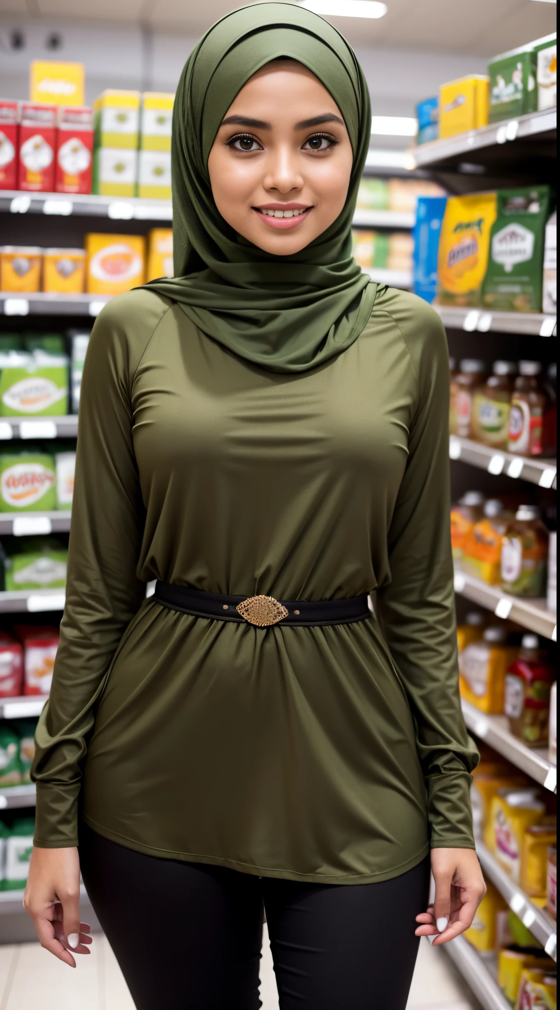RAW, Best quality, high resolution, masterpiece: 1.3, beautiful Malay woman in hijab, big gorgeous eyes, beutifull face, perfect face, smiling, woman in a green shirt and black pants holding up a cell phone, olive green, army girl outfit, with beautiful colors, skinny waist and thick hips, green clothes, wearing tight simple clothes, her wardrobe is attractive, stood in a supermarket, shopping groceries, green tunic, hijab, women full body, with lovely look, casual pose