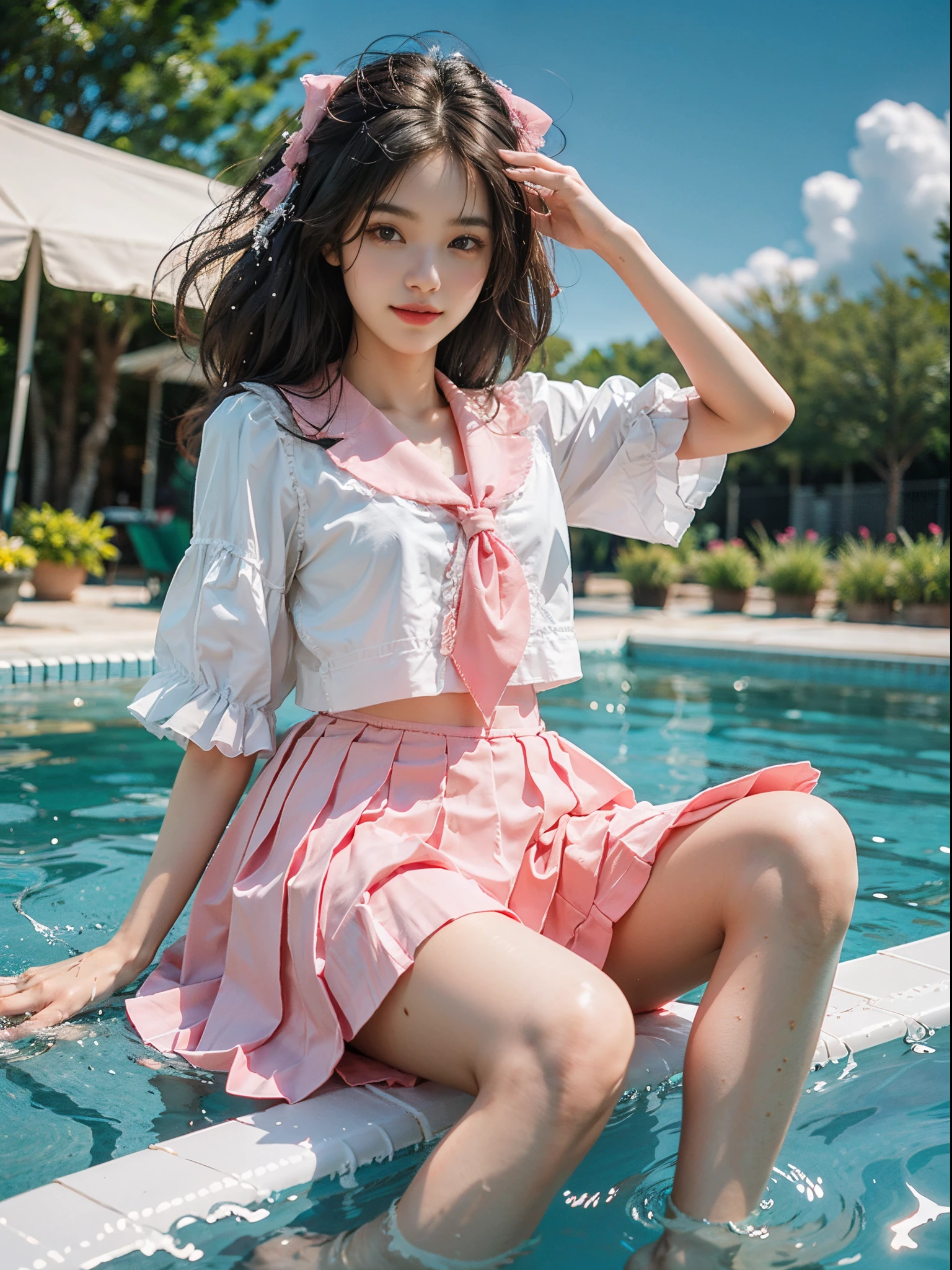 Beautiful illustration、top-quality、超A high resolution、Professional、Cute little girl s、a junior high school student、夏天、skirt by the、swim wears