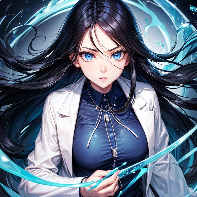 Long straight black hair, blue eyes, lab coat, beautiful woman, pearl necklace, blue shirt