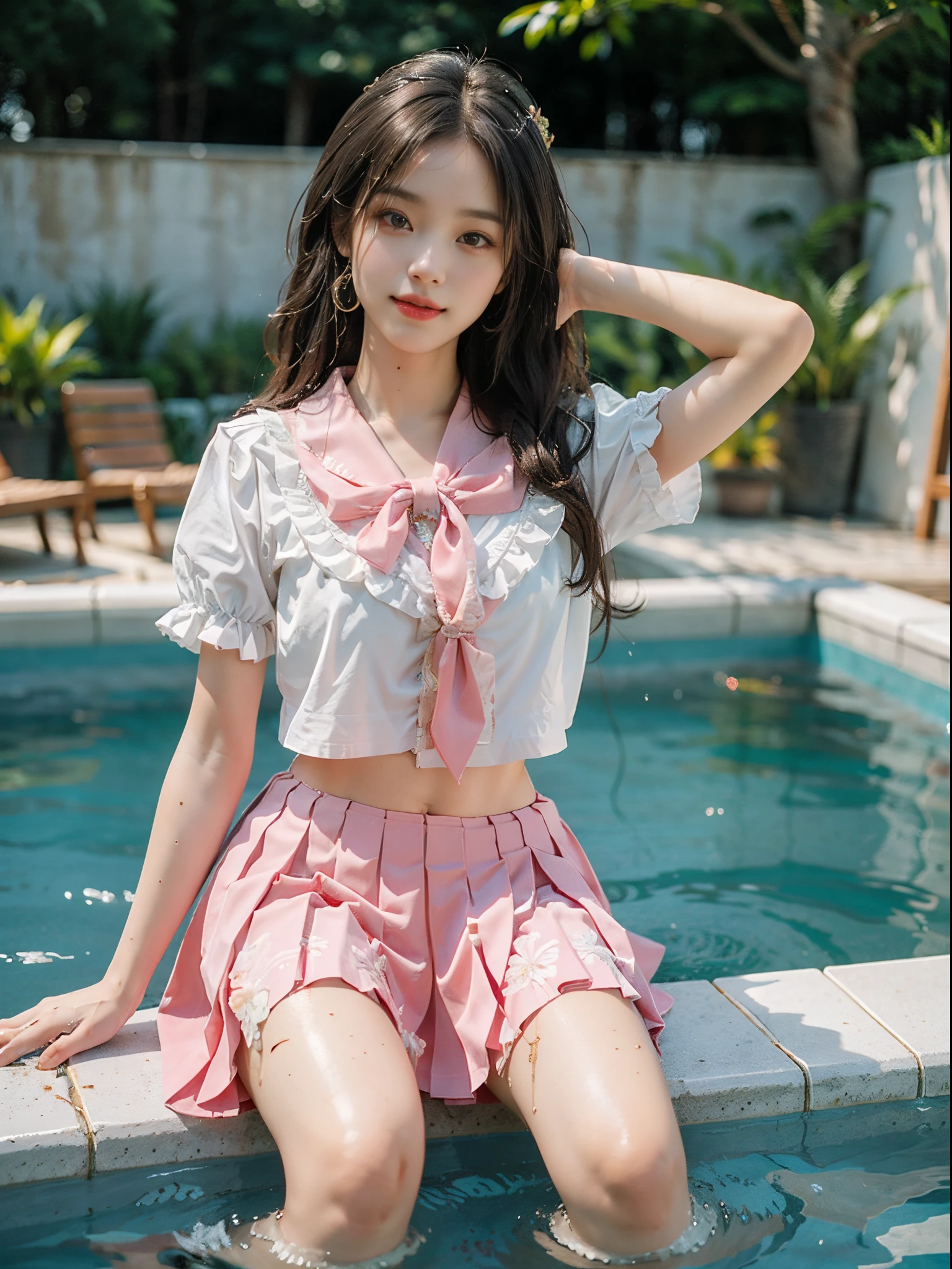 pleated skirt,pink skirt,pink sailor collar, (best quality, masterpiece:1.2), ultra-detailed, (realistic:1.37), beautiful, youthful, glamorous model with (detailed eyes, detailed lips, extremely detailed eyes), in a knee shot, with white and floral colors, showcasing a radiant smile, slender figure, long legs, creating a breathtaking depiction of a girl enjoying the water, Splashing in the pool