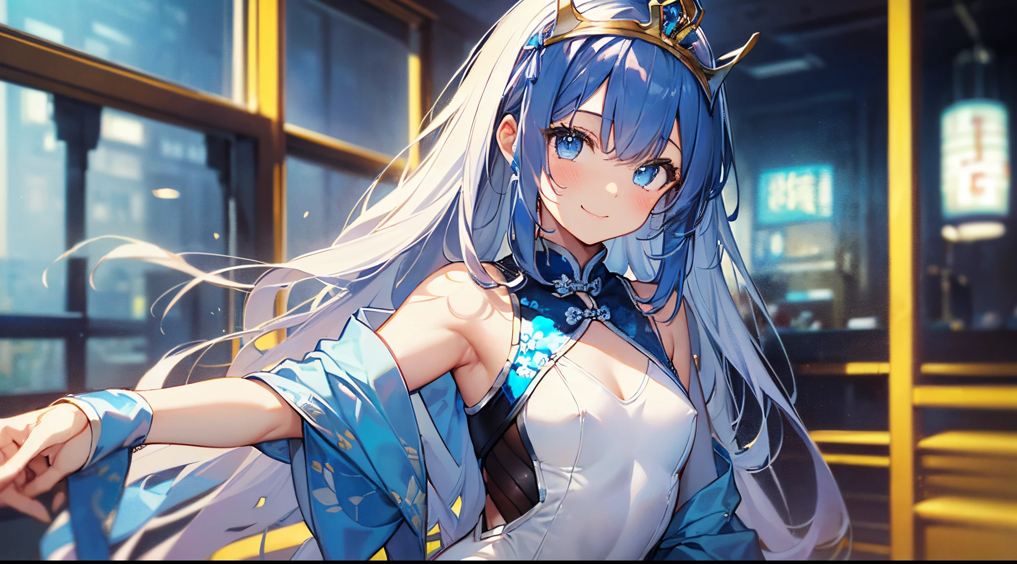 ((masterpiece:1.4、top-quality:1.2))、1girl in、solofocus、delicated face、Highly detailed anime faces and eyes、(Blur the background:1.3、(transform sequence)、((stright long hair))、Soio、Soio、 girl、japanes、Lori、Chiquita、a junior highred、((white and blue chinese leotard))、(highleg)、Tiara on the head、A smile、is standing、Facing the front、