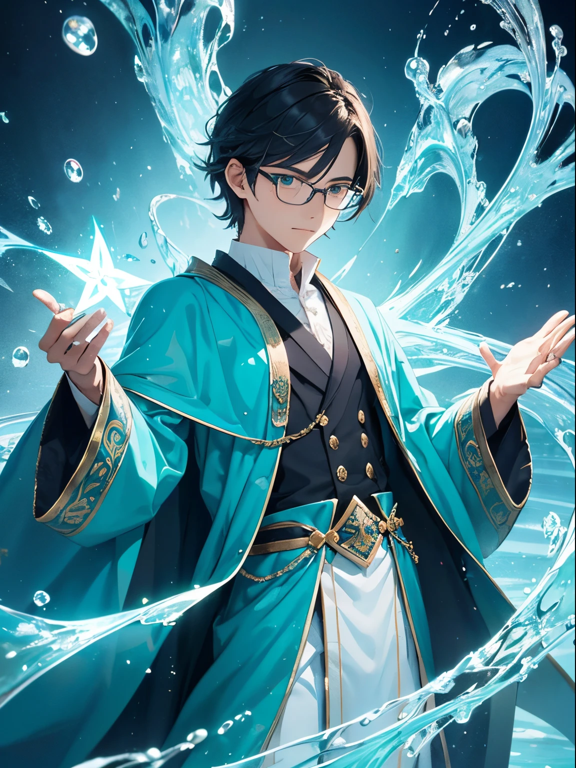 Generate an enchanting image of a youthful water-type magician with a scholarly touch. Picture a young man with a keen, inquisitive gaze, adorned in flowing, aqua-colored robes that reflect his affinity for water magic. Imagine him wearing glasses, symbolizing both intelligence and a studious nature.
