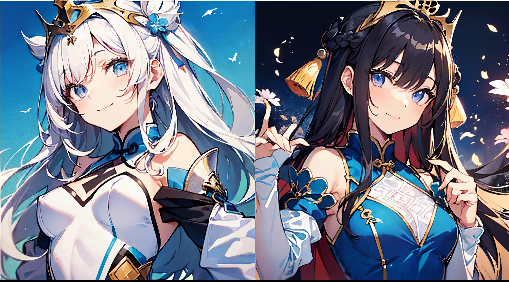 ((​masterpiece:1.4、top-quality:1.2))、1girl in、solofocus、delicated face、Highly detailed anime faces and eyes、(Blur the background：1.3、(transform sequence)、((stright long hair))、Soio、Soio、12 year old girl、japanes、Lori、Chiquita、a junior high school student、A dark-haired、((white and blue chinese leotard))、（highleg）、Tiara on the head、A smile、is standing、Facing the front、