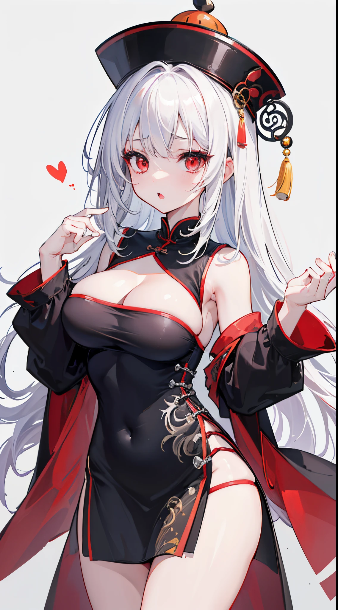 (8K、Top image quality、top-quality、​masterpiece)、1 girl in、White hair、Long、red eyes、deadpan、Open mouth、large full breasts、Open chest、jiangshi hat、cleavage、black jiangshi costume、china dress、sleeveless、thighs、yellow talisman on chest、cowboy  shot、forested background