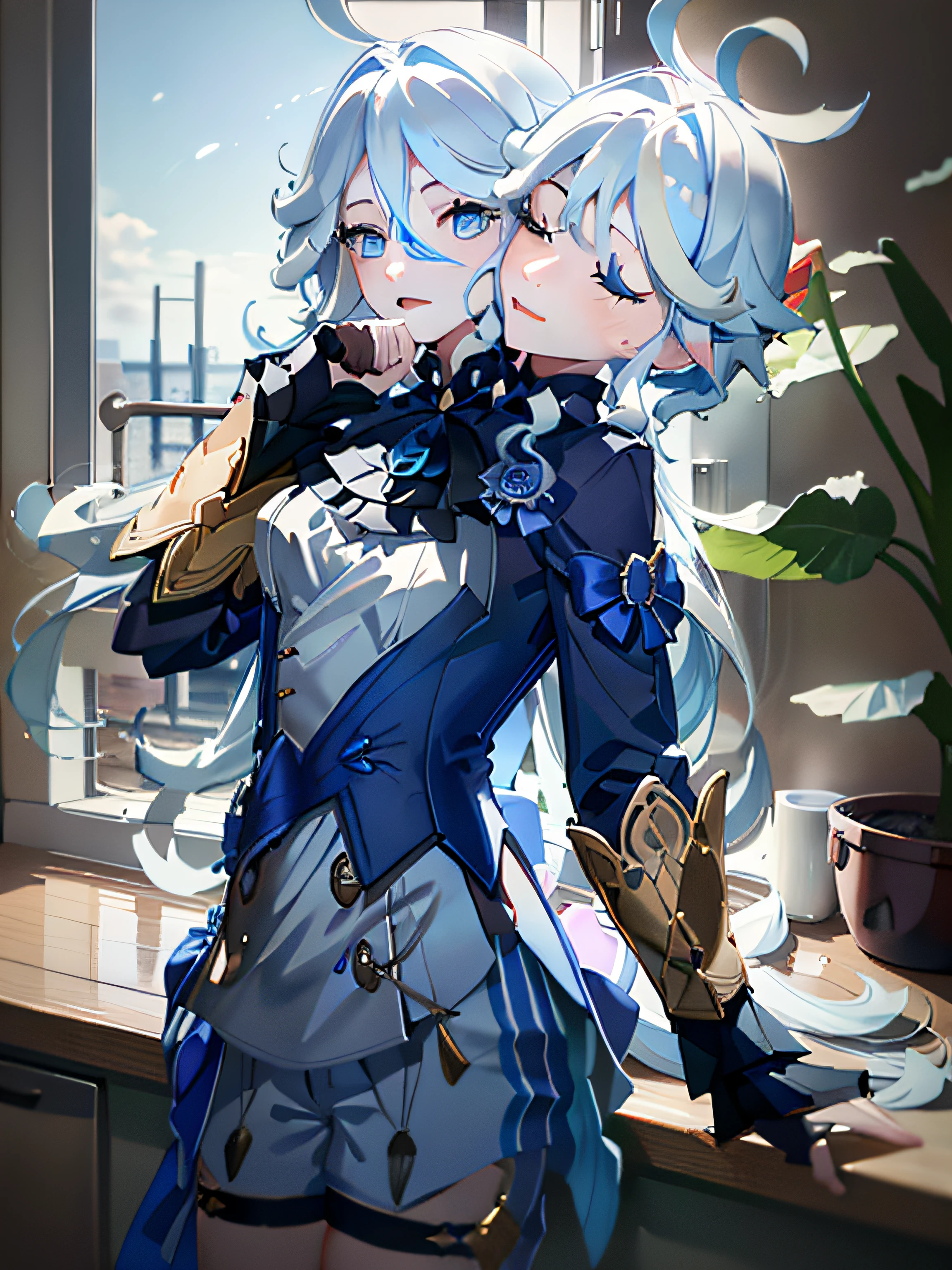 (masterpiece, best quality), best resolution, (2heads:1.5), 1girl, furina character, weary, extremely long hair, hangover, blue-white hair, light blue eyes, one eye closed, open mouth, light blue t-shirt, tan pants, hand on forehead, apartment kitchen, tilted headwear