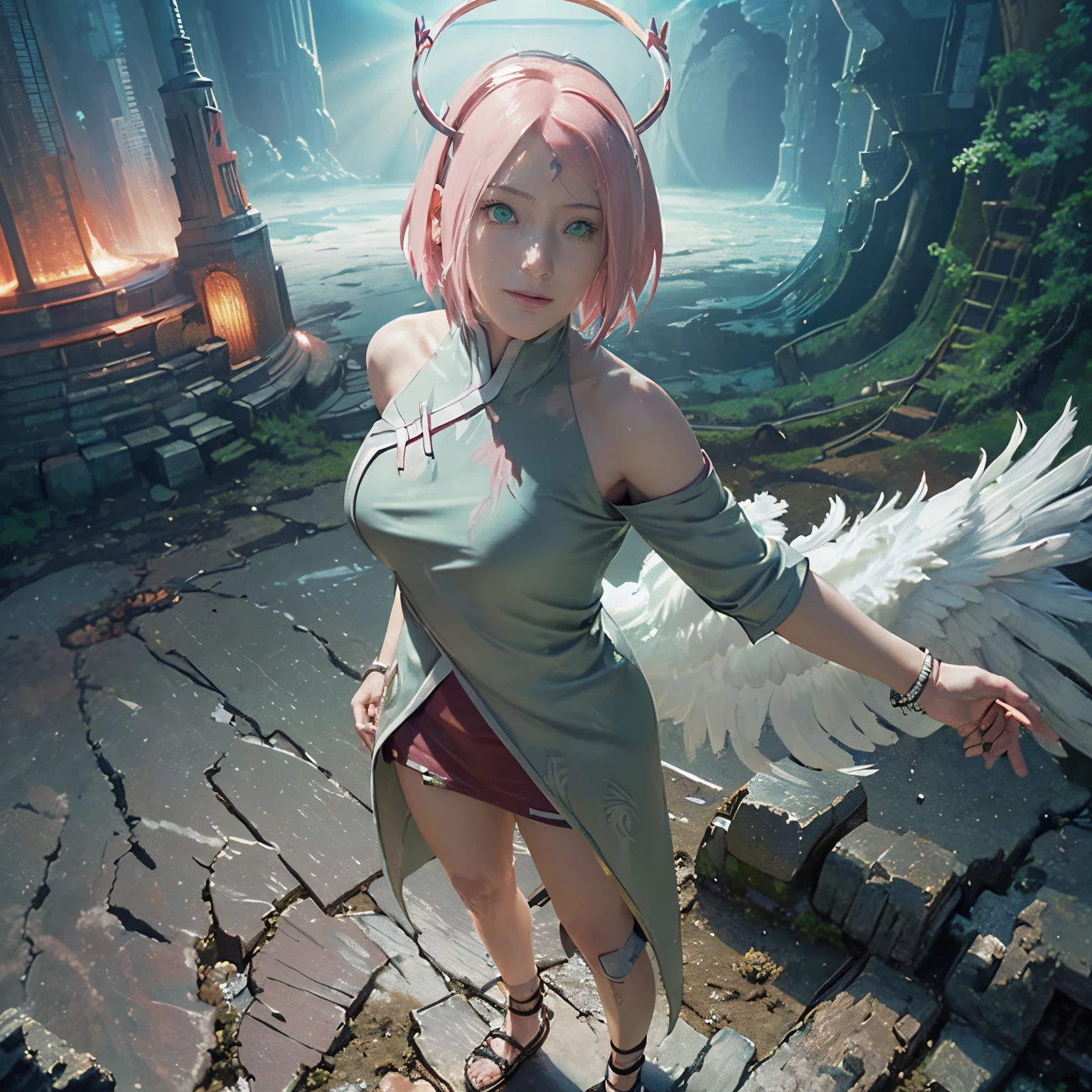 (Numerous award-winning masterpieces, with incredible detail, textures and maximum detail), (hyper realistic:1.4), (realistic:1.3), (upper body up:0.3), (best quality real texture skin), (finely detailed true circle gren eyes), (finely Detailed and beautiful face looks like sakura haruno from naruto:1.6), ((medieval world)), (god of birth:1.4), (Divine Halo: 1.6), (Full-length portrait:1.5), (The warm look of the loving mother), (She has joy in her green eyes and a happy smile on her face: 1.3), (Beautiful green eyes that sparkle and shine), (full-body standing image:1.5), (Dramatic Light), (A majestic sight), Her expression is full of tenderness and beautiful, (Sacred radiance magic circle: 1.2), (large wings with beautiful white feathers behind shoulders: 1.3), (Wears a white hooded robe with elaborate patterns: 1.2), Folded wings, Earrings with a sacred atmosphere of refined craftsmanship, Followed by little angels behind, her face looks like sakura haruno from naruto with short pink hair (((dramatic photo))), (Sunrise), (Sunset), (Sunny), ((dramatic pose)), (flamboyant photo), (golden hair), (silver hair), (chestnut hair), ((looks up)), ((looking down)), (gives full-body standing image:1.5), (Around her neck is a simple necklace of exquisite workmanship), Old ruins infested with plants, great temple, great cathedral, great shrine, temple ruins, detached temple, Ruins of an ancient castle, Deserted ruins, crumbling ruins, Ancient ruins with clear water, wavelets, running water Shining majestic cloud masses and sky, epic realistic, faded, art, (Greg rutkowski:0.8), (teal and orange:0.4), (art station:1.5), cinematic, ((neutral colors)), (hdr:1.5), (muted colors:1.2), hyper detailed, dramatic light, (intricate details:1.1), complex background,
