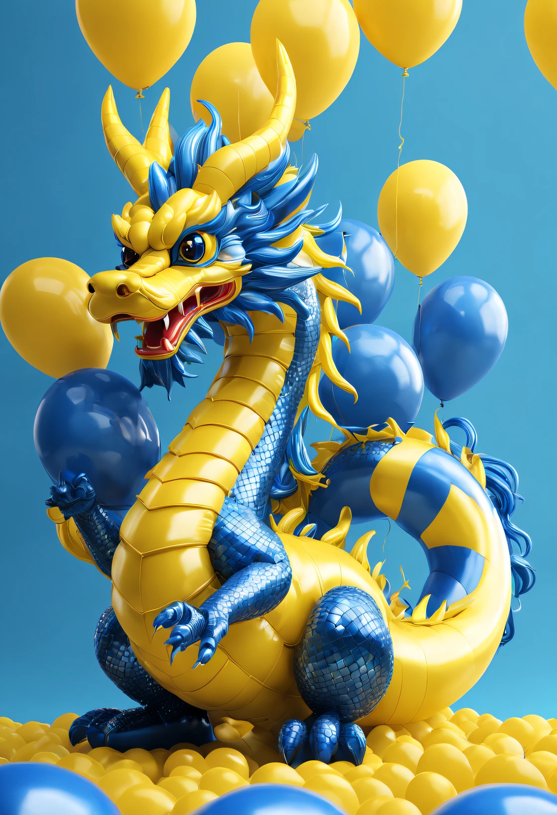 （balloon art design），（Balloon animal design），（Chinese dragon made from many blue and yellow balloons），Complex and gorgeous CG style, hyper detailed 3d render,, c4d, Rendered by Octane, Blander, 8K, k hd， com mascot，Holographic yellow background