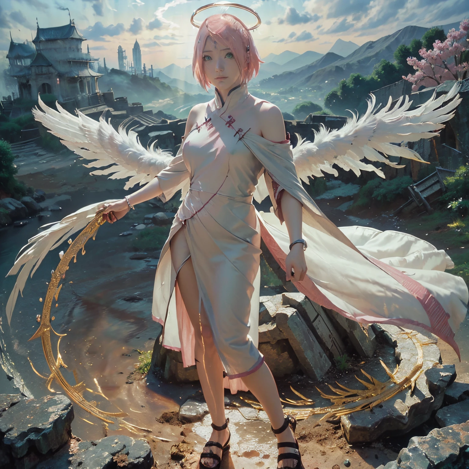(Numerous award-winning masterpieces, with incredible detail, textures and maximum detail), (hyper realistic:1.4), (realistic:1.3), (upper body up:0.3), (best quality real texture skin), (finely detailed true circle gren eyes), (finely Detailed and beautiful face looks like sakura haruno from naruto:1.6), ((medieval world)), (god of birth:1.4), (Divine Halo: 1.6), (Full-length portrait:1.5), (The warm look of the loving mother), (She has joy in her green eyes and a happy smile on her face: 1.3), (Beautiful green eyes that sparkle and shine), (full-body standing image:1.5), (Dramatic Light), (A majestic sight), Her expression is full of tenderness and beautiful, (Sacred radiance magic circle: 1.2), (large wings with beautiful white feathers behind shoulders: 1.3), (Wears a white hooded robe with elaborate patterns: 1.2), Folded wings, Earrings with a sacred atmosphere of refined craftsmanship, Followed by little angels behind, her face looks like sakura haruno from naruto with short pink hair (((dramatic photo))), (Sunrise), (Sunset), (Sunny), ((dramatic pose)), (flamboyant photo), (golden hair), (silver hair), (chestnut hair), ((looks up)), ((looking down)), (gives full-body standing image:1.5), (Around her neck is a simple necklace of exquisite workmanship), Old ruins infested with plants, great temple, great cathedral, great shrine, temple ruins, detached temple, Ruins of an ancient castle, Deserted ruins, crumbling ruins, Ancient ruins with clear water, wavelets, running water Shining majestic cloud masses and sky, epic realistic, faded, art, (Greg rutkowski:0.8), (teal and orange:0.4), (art station:1.5), cinematic, ((neutral colors)), (hdr:1.5), (muted colors:1.2), hyper detailed, dramatic light, (intricate details:1.1), complex background,