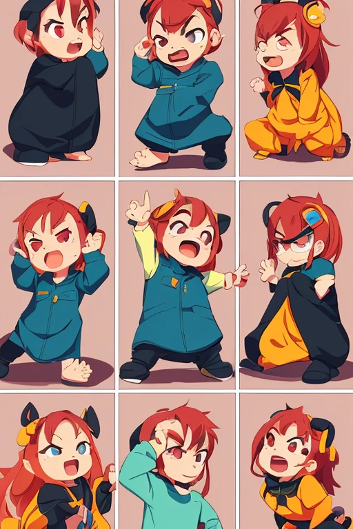 Simple graphic features, thick and cute limbs, simple and cutemovements, Jean Julien. four cute poses and expressions, laughing, angry,speechless, sad. different emotions, multiple poss and expressions, illustrations,flatcolors, simple line 2d painting, popular artstations, digital art,pixel style cartoons, lineworks, 8k