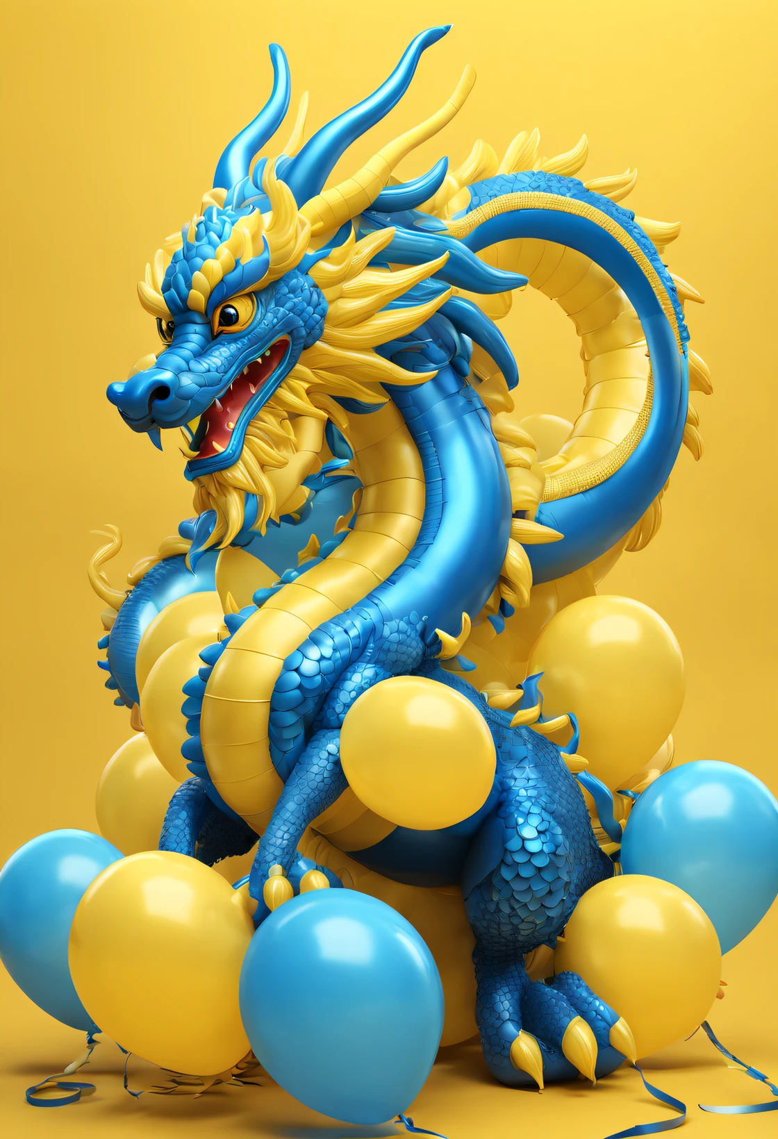 (balloon art design),(Balloon animal design),(Chinese dragon made from many blue and yellow balloons),Complex and gorgeous CG style, hyper detailed 3d render,, c4d, Rendered by Octane, Blander, 8K, k hd, com mascot,Holographic yellow background