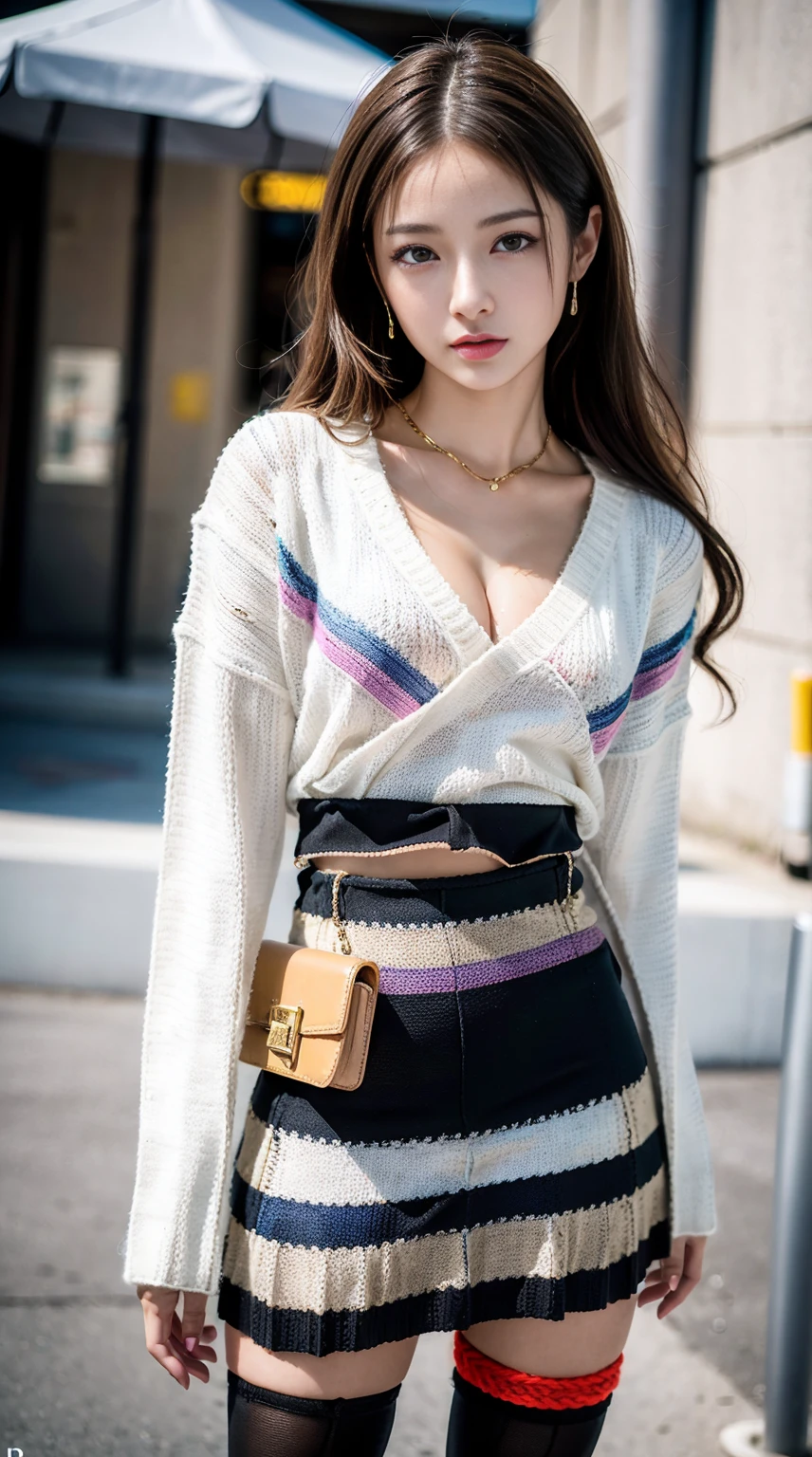 masterpiece, best quality, photorealistic,8K,RAW photo, ultra highres ,extremely detailed eyes and face,extremely detailed,absurdres,Professional ,slender , skinny ,small breasts ,((((melt)))), japanese 70's:1.3,(colorful Striped knit mini skirt dress:1.6),Knee high socks:1.5,town shopping street,1 girl, solo, long sexy legs, wind, show skin, glossy skin, cleavage , intricate details, naughty, slutty, perfect hands, detailed hands, perfect eyes, detailed eyes, (gyaru:1.5), (dynamic pose:0.8), (medium Nadia:1.3), realistic, HDR, UHD, dynamic, nsfw