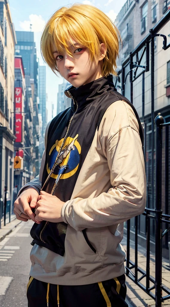 Masterpiece, best quality,8k,1boy, Superb Style, Urban Streetwear chothes, Outdoor, Upper Body, kurapika , red eyes,yellow hair, cool boy