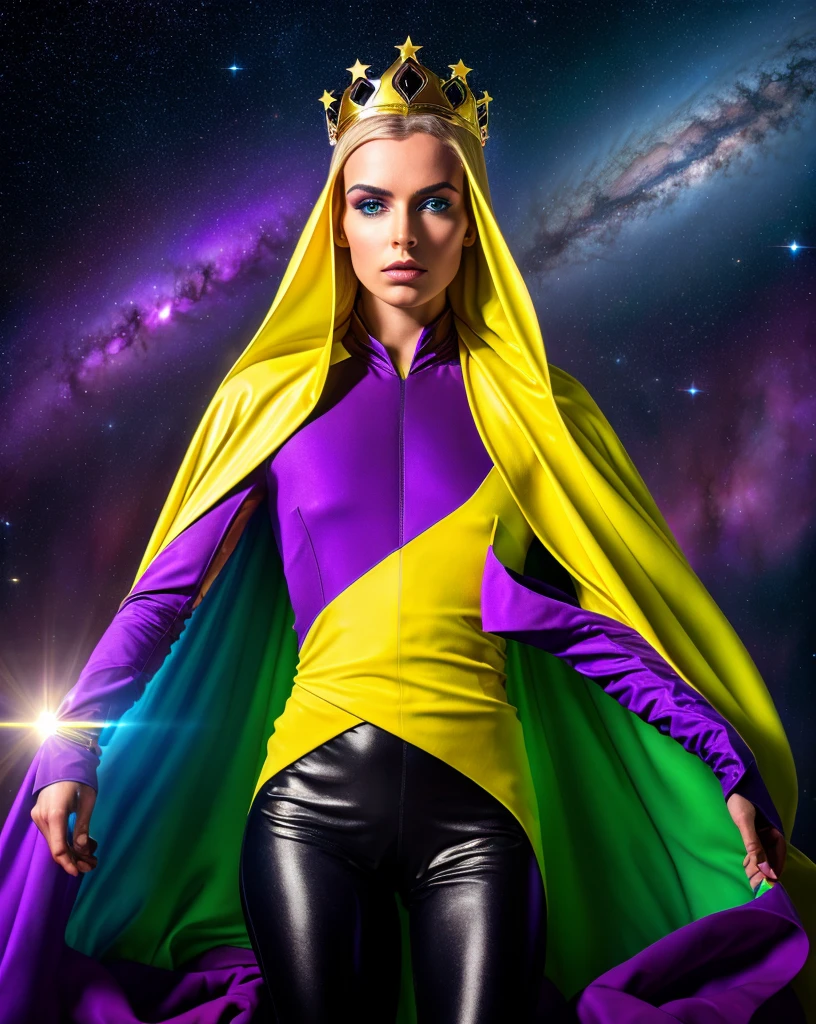 (spacealien,androgynous female,perfect body,dramatic,androXF IQ4,150MP,50mm,ISO 1000,1/250s,natural light,Adobe Lightroom,photolab,Affinity Photo,PhotoDirector 365),vibrant colors,extravagant costume,golden crown,purple cape,cosmic background,star clusters,intergalactic travel