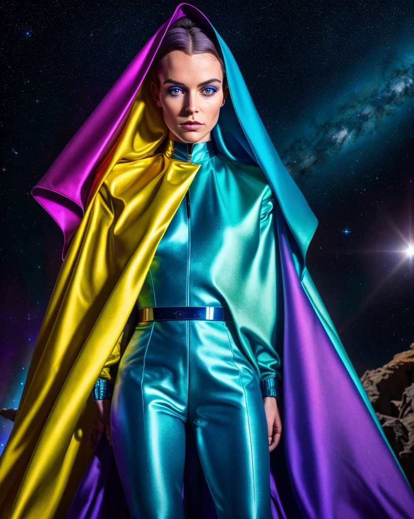 (spacealien,androgynous female,perfect body,dramatic,androXF IQ4,150MP,50mm,ISO 1000,1/250s,natural light,Adobe Lightroom,photolab,Affinity Photo,PhotoDirector 365),vibrant colors,extravagant costume,golden crown,purple cape,cosmic background,star clusters,intergalactic travel