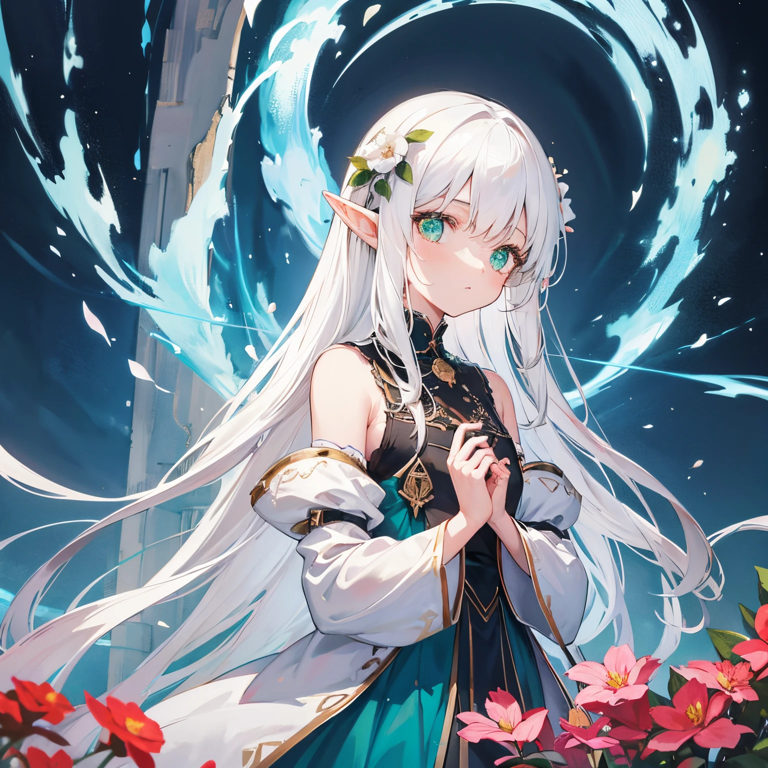 Beautiful little girl, Dolce, full bodyesbian,White hair,Green eyes,elf-ears,masterpiece,Flowing hair,length hair,I hid my sadness,dress simple,Being in a flower garden,goddes,2D Beautiful Girl,illustratio,high-level image quality,mystical,childish,Comics,quadratic element,Fantastical,Shining eyes,gazing into distance,mysterious background,girl with