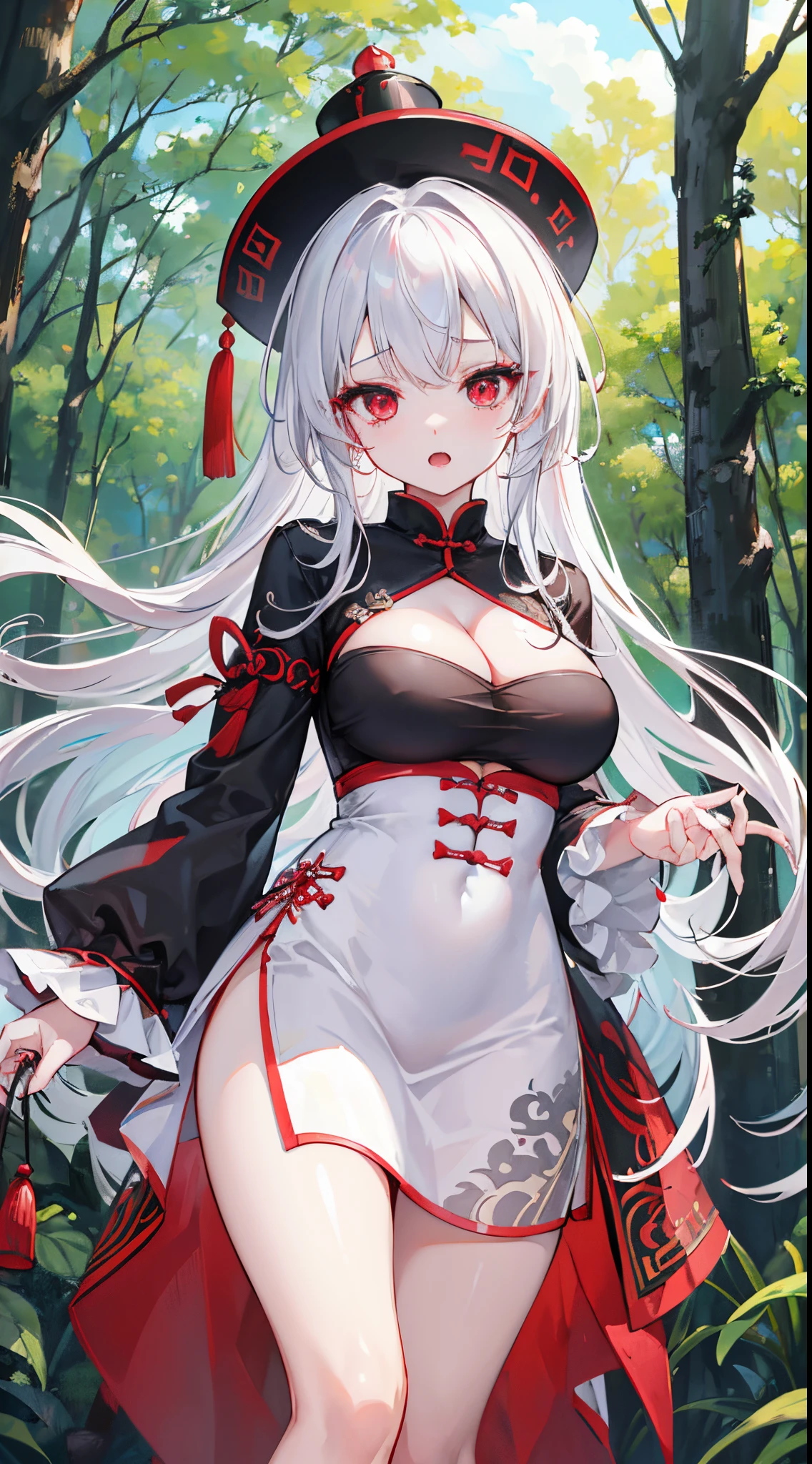 (8K、Top image quality、top-quality、​masterpiece)、1 girl in、White hair、Long、red eyes、deadpan、Open mouth、large full breasts、Open chest、jiangshi hat、cleavage、black jiangshi costume、china dress、long-sleeve、thighs、cowboy  shot、((forested background))