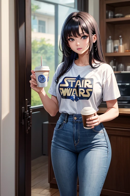 ((Best quality)), ((masterpiece)), top quality), standing alone, Star wars shirt, holding a cup of coffee, long black hair, filipino, woman, jeans, curvy