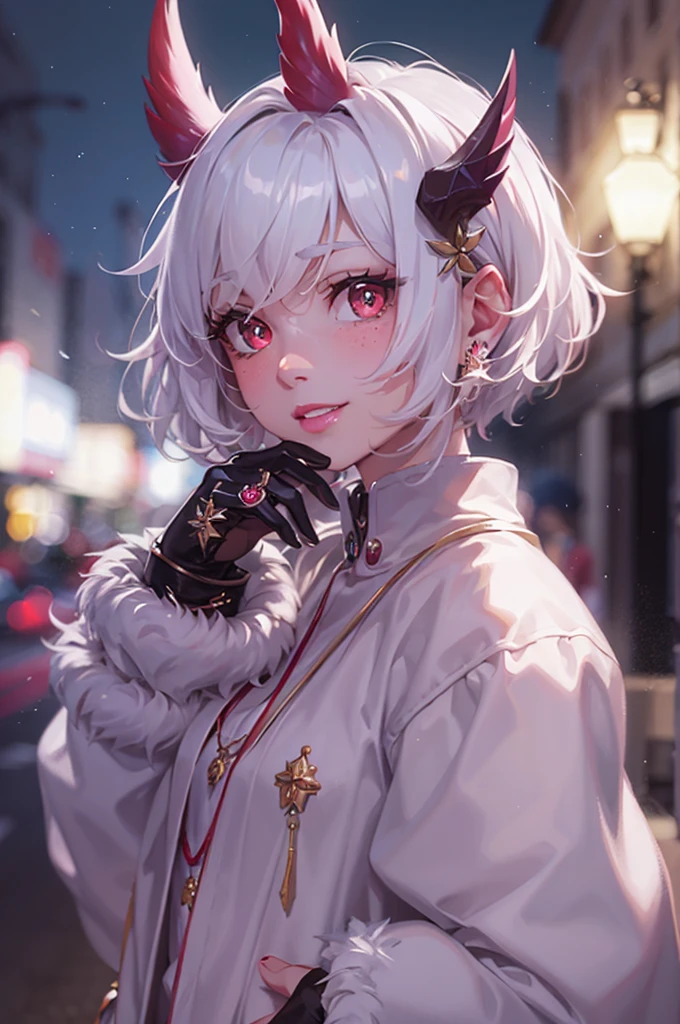 masutepiece, Absurd, High quality, Facing the front,Best Quality, Ultra Detail, Beautiful), Perfect eyes, Perfect face, Perfect Lighting, Textured skin, Beautiful Detail Face, (Detailed face: 1.4), Beautiful detail eyes, ambient lights, Realistic Shadows, Pupils with beautiful details, Cute, 1 girl, Solo, One Focus, Beelzebub, Short hair, White hair, Demon Girl, demon tail, hitornfreckles, Red Eyes, White hair, Purple Lipstick, Lips, blush, white fur coat, (coat trimmed with white fur: 1.3), plein air, Street, (evening: 1.2), Car on background, headlight, church in the background, Lighting, Moon, gaze at the audience, Walking, Smiling, From the side, Full body, Rich, Expensive, Jewelry