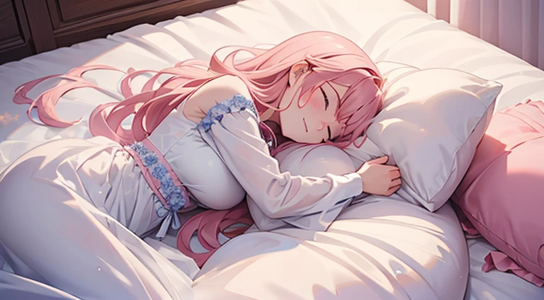 goddes beautiful angel, medium large breast, tulle flowin garment, caring smile, blushed, looks happy, 32K, sleeping hugging to a extra long body pillow, side view
